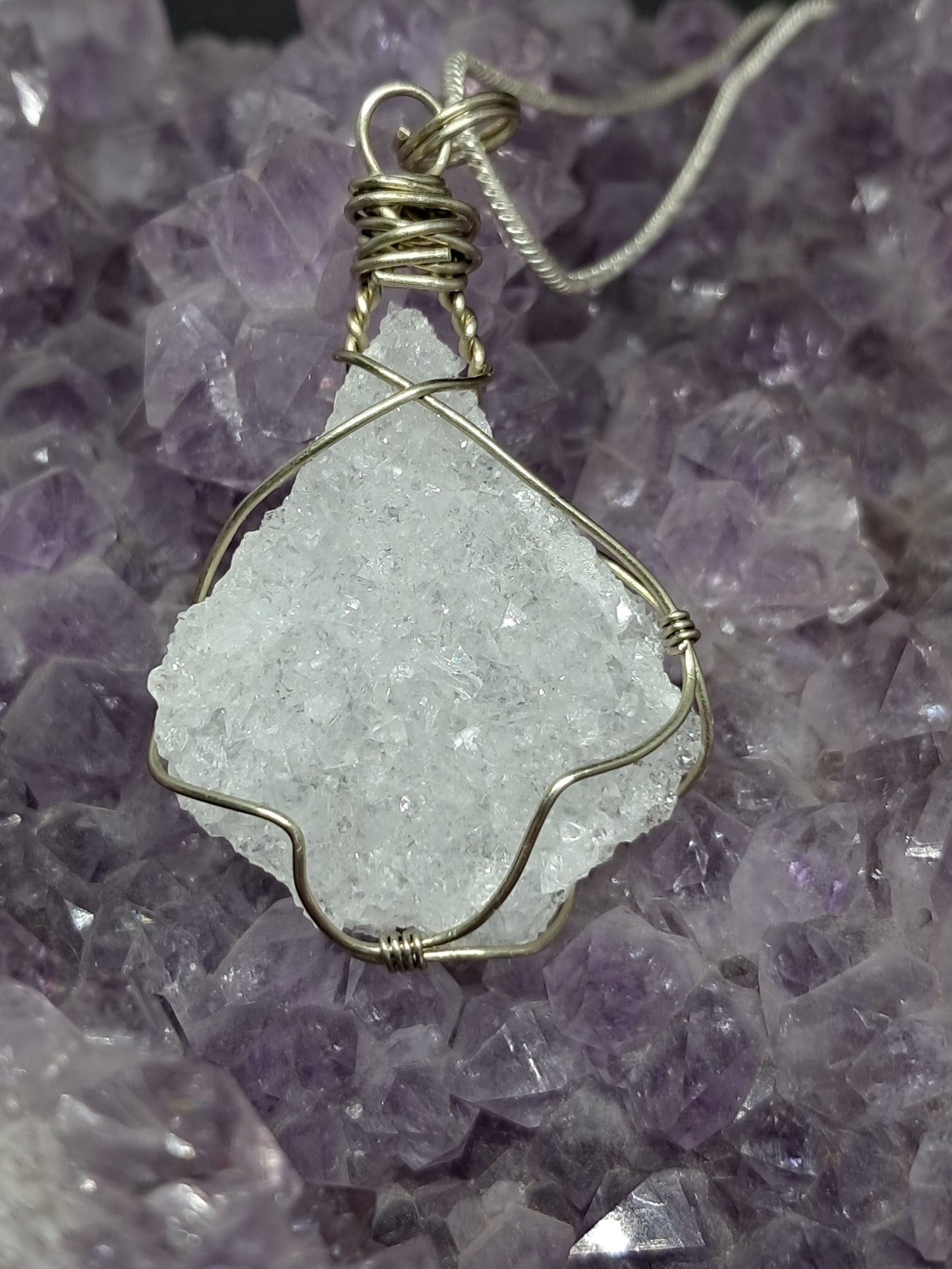 Drussy Apophyllite Wrapped in White Metal | Handmade Pendant | Handcrafted Jewelry | Necklace | Natural Crystal #JL19