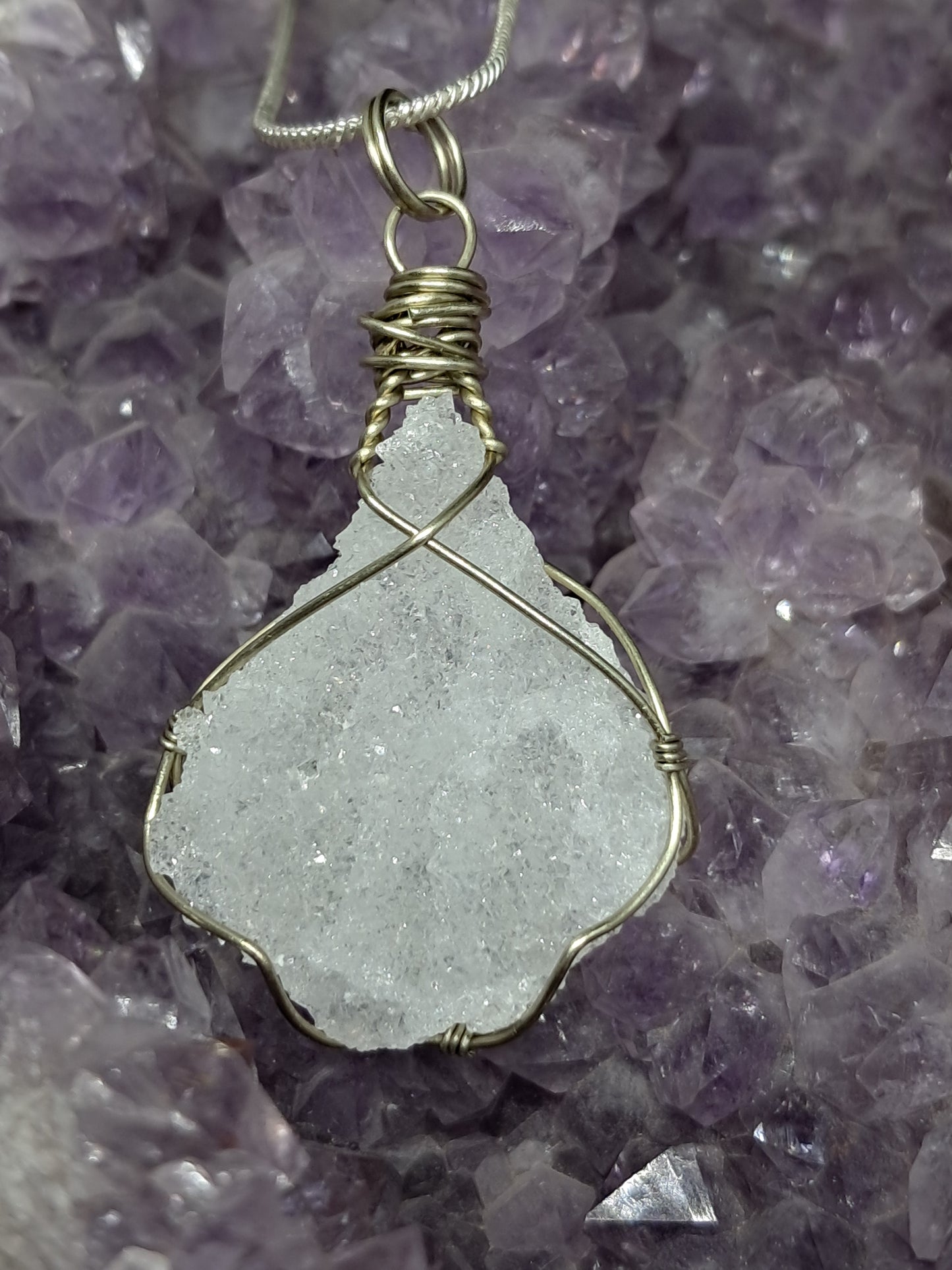 Drussy Apophyllite Wrapped in White Metal | Handmade Pendant | Handcrafted Jewelry | Necklace | Natural Crystal #JL19