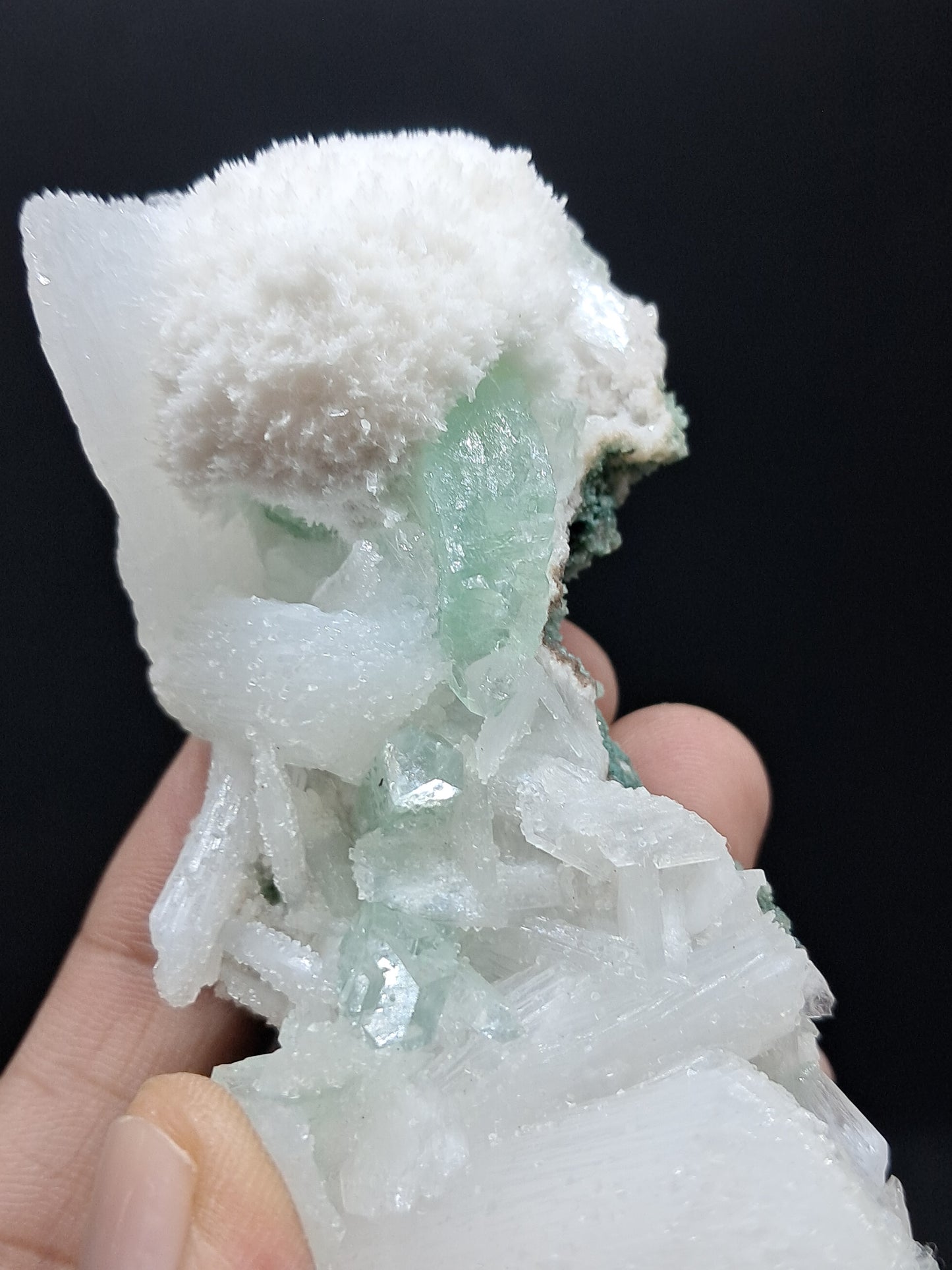 Green Apophyllite (Fluorapophyllite) with Stilbite, Mordenite and UV-reactive Calcites #GA6
