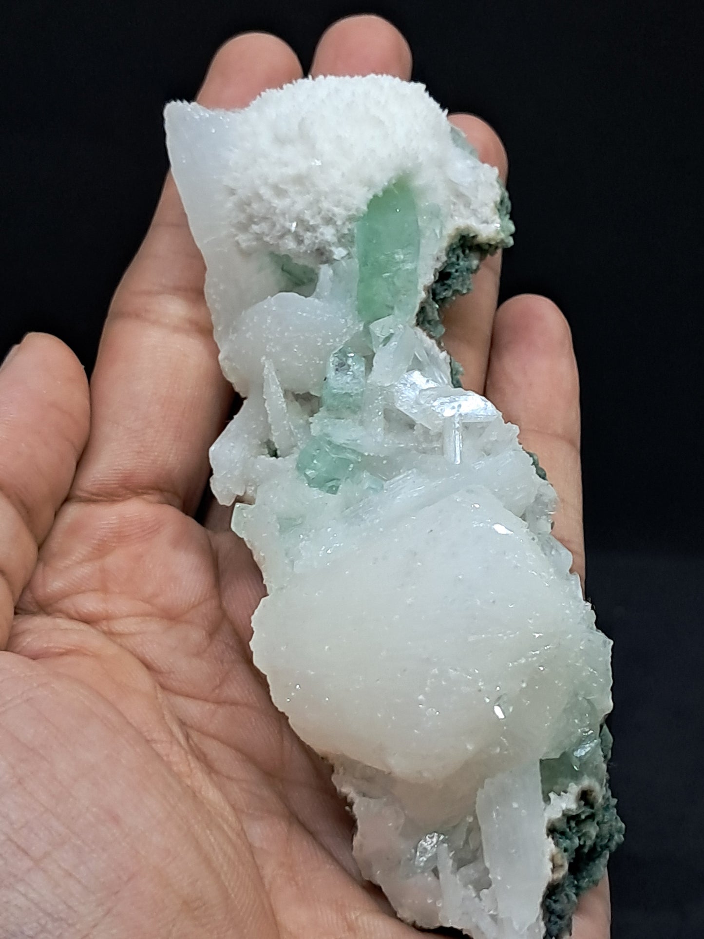 Green Apophyllite (Fluorapophyllite) with Stilbite, Mordenite and UV-reactive Calcites #GA6