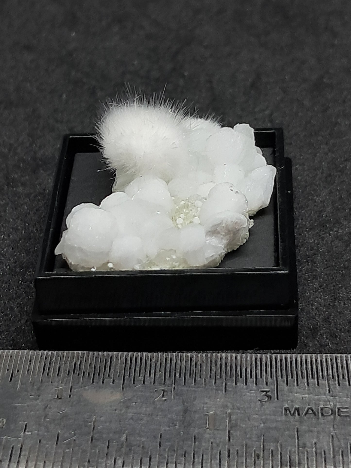 Okenite on Gyrolite permanently mounted in box (non-precious mineral) #OK1