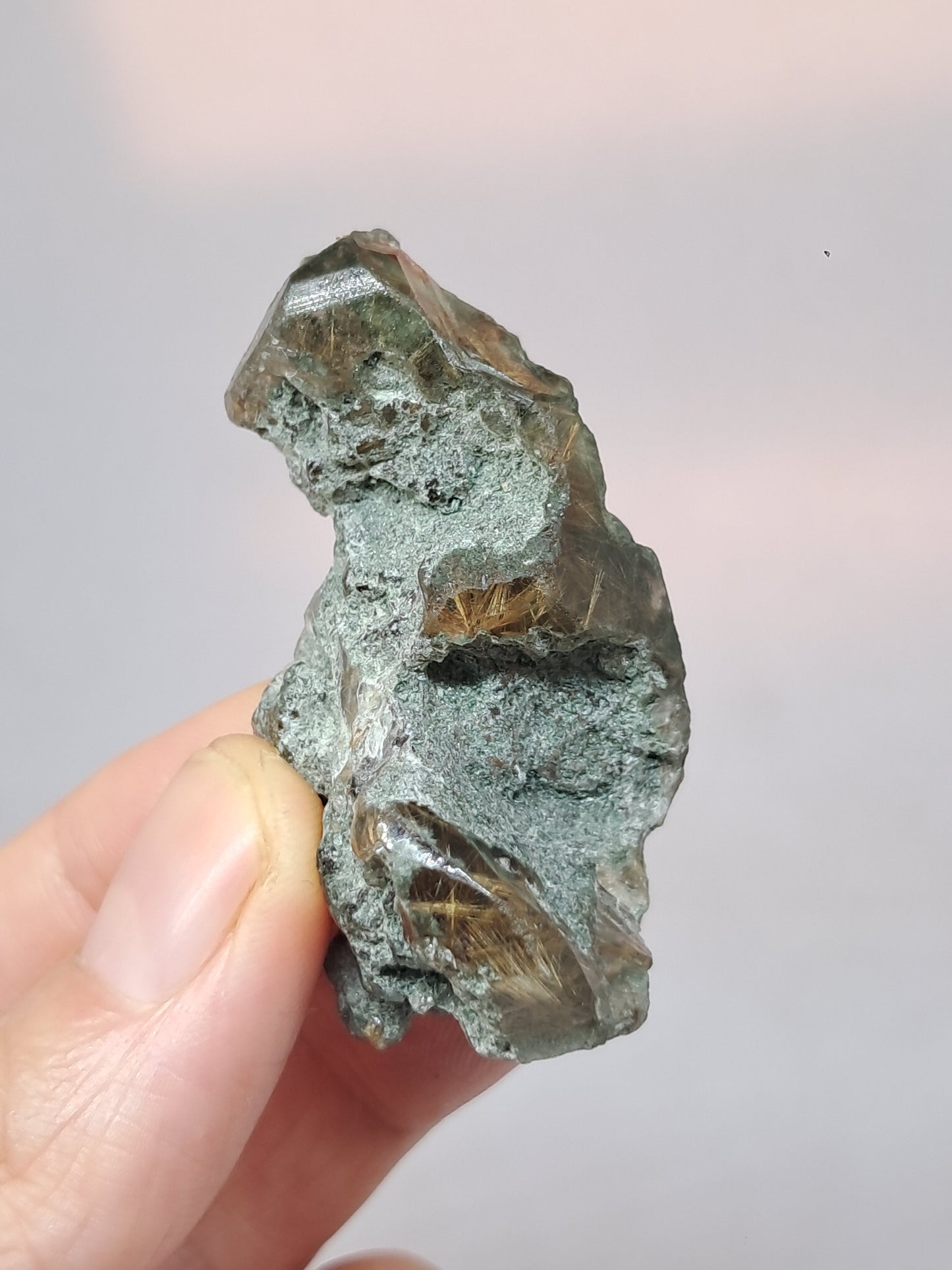 Quartz w/ Chlorite and Golden Rutile Inclusions (Kullu) Rough Stone | Natural Crystal Point | Mineral Specimen #CH43