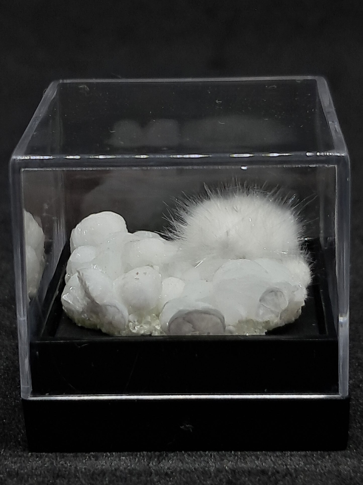 Okenite on Gyrolite permanently mounted in box (non-precious mineral) #OK1