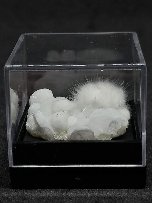 Okenite on Gyrolite Permanently Mounted in box (Mumbai) Mineral Specimen | Natural Crystal #OK1