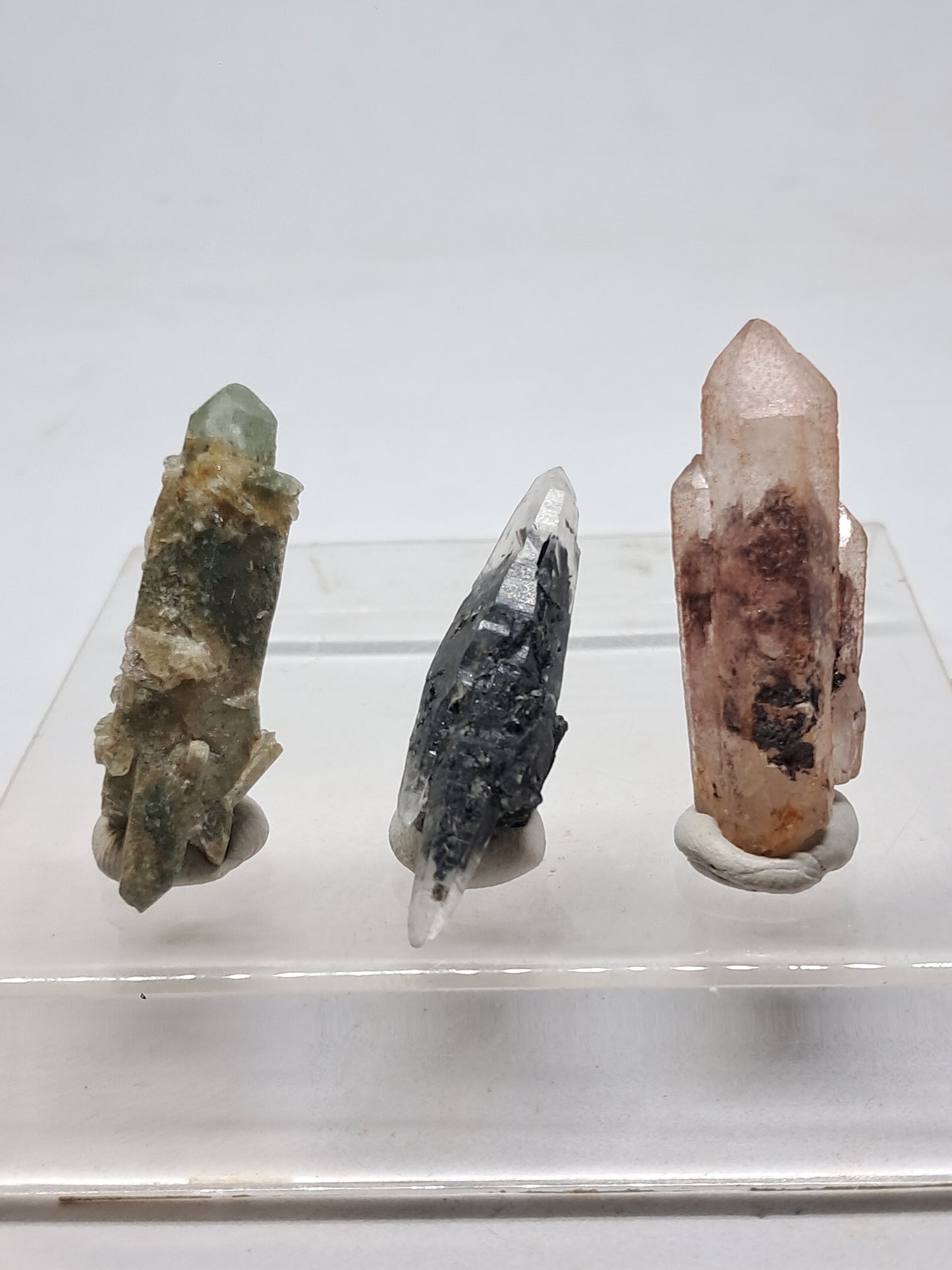 Juego de 3 puntas de cuarzo: clorita, turmalina y hematita fantasma | Cristales en bruto | Piedras en bruto #RCS18