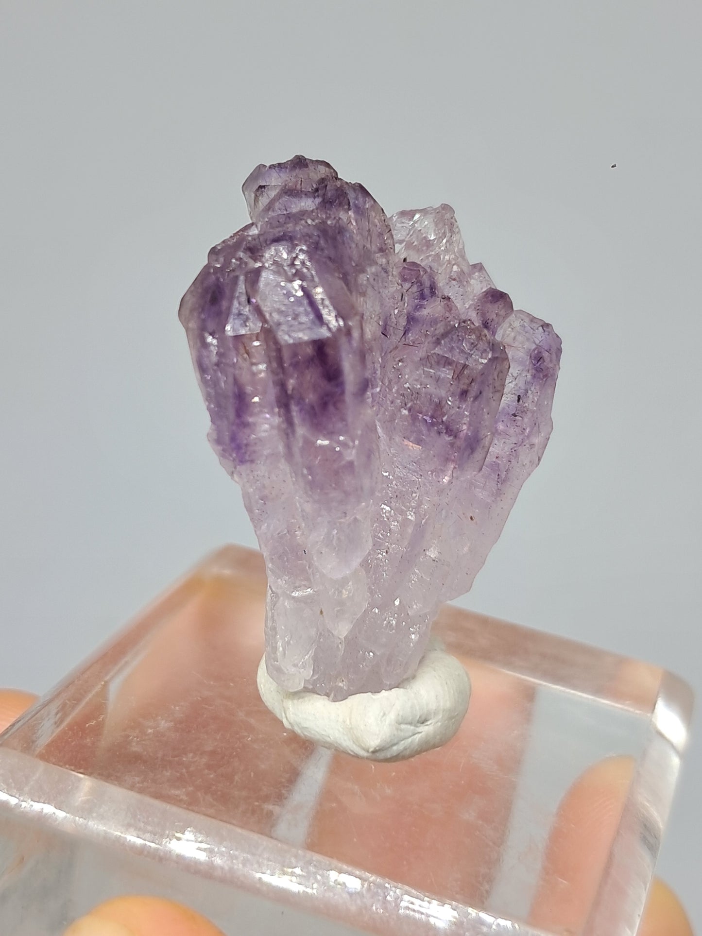 Cúmulo de cetro de amatista con rutilo y arcoíris (Karur) | Piedra natural | Ejemplar mineral n.° KA81