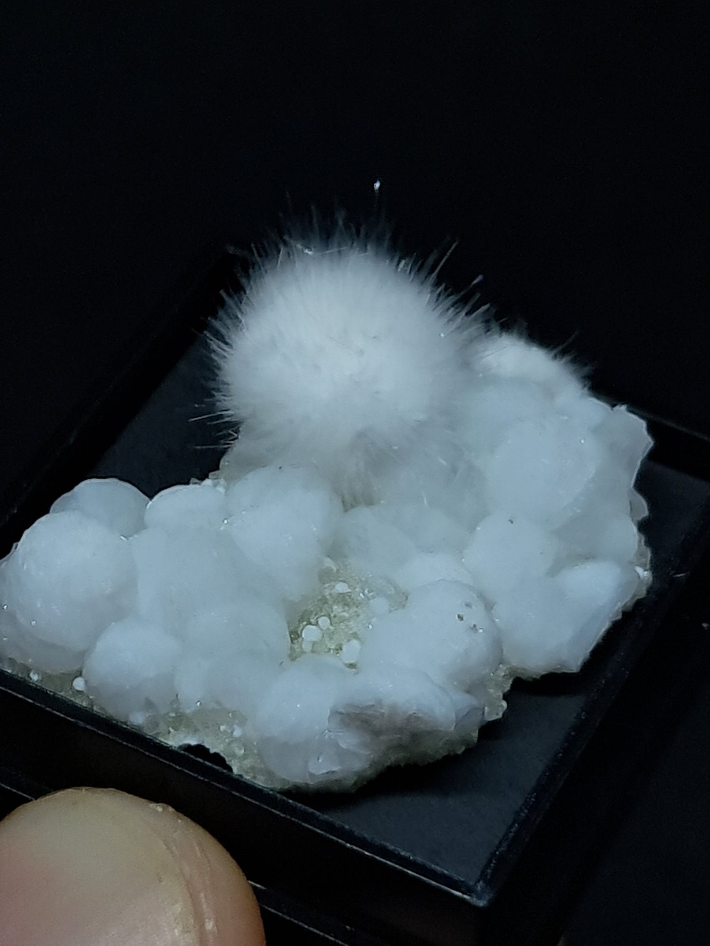 Okenite on Gyrolite permanently mounted in box (non-precious mineral) #OK1