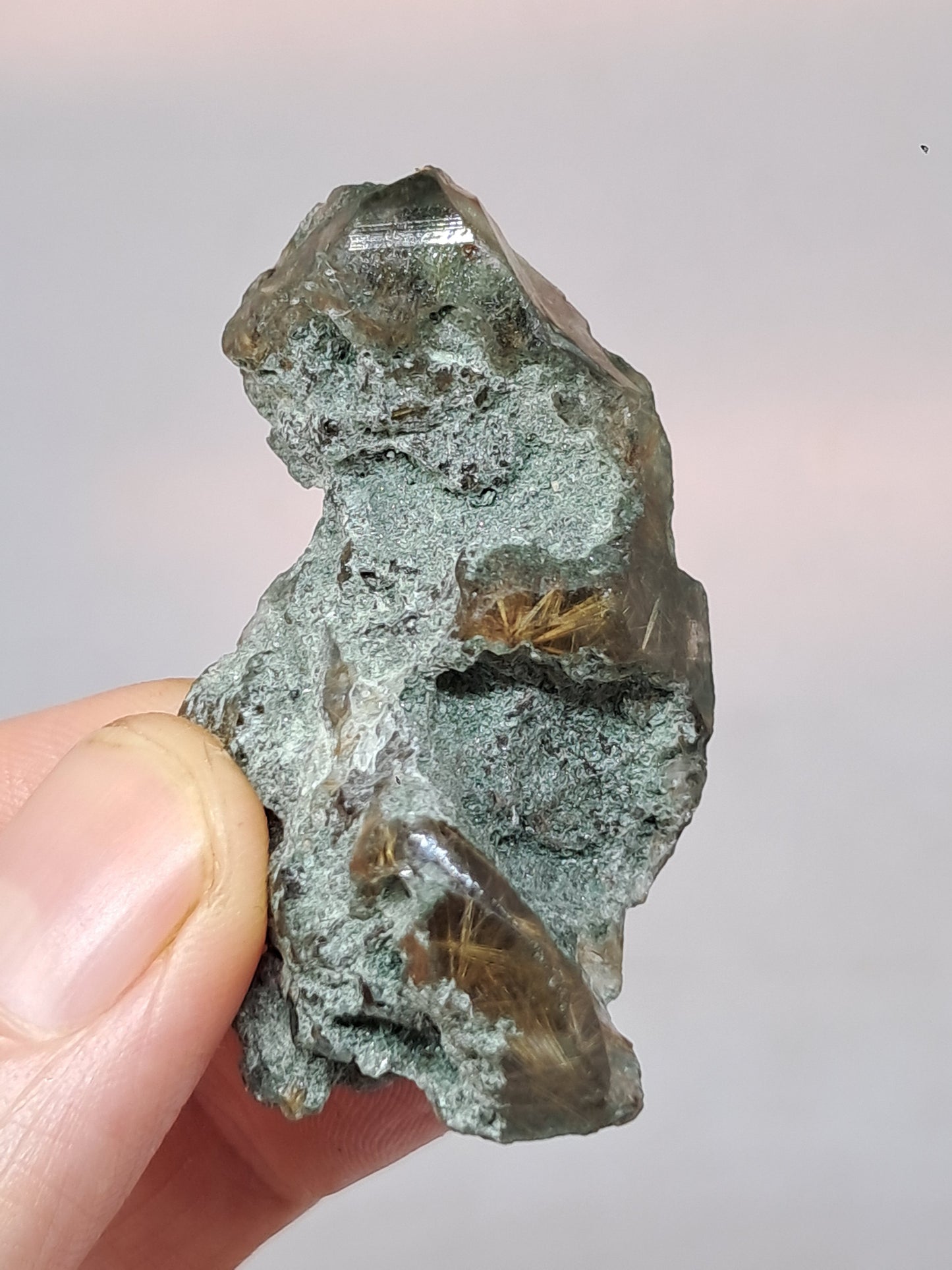 Quartz w/ Chlorite and Golden Rutile Inclusions (Kullu) Rough Stone | Natural Crystal Point | Mineral Specimen #CH43