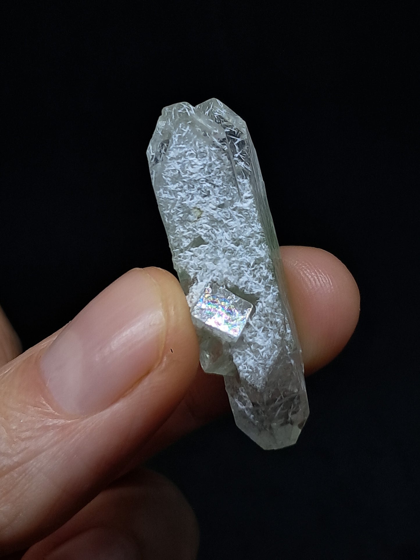 Green Apophyllite Biterminated Point w/ Okenite (Ajanta) Natural Crystal | Mineral Specimen #AP60