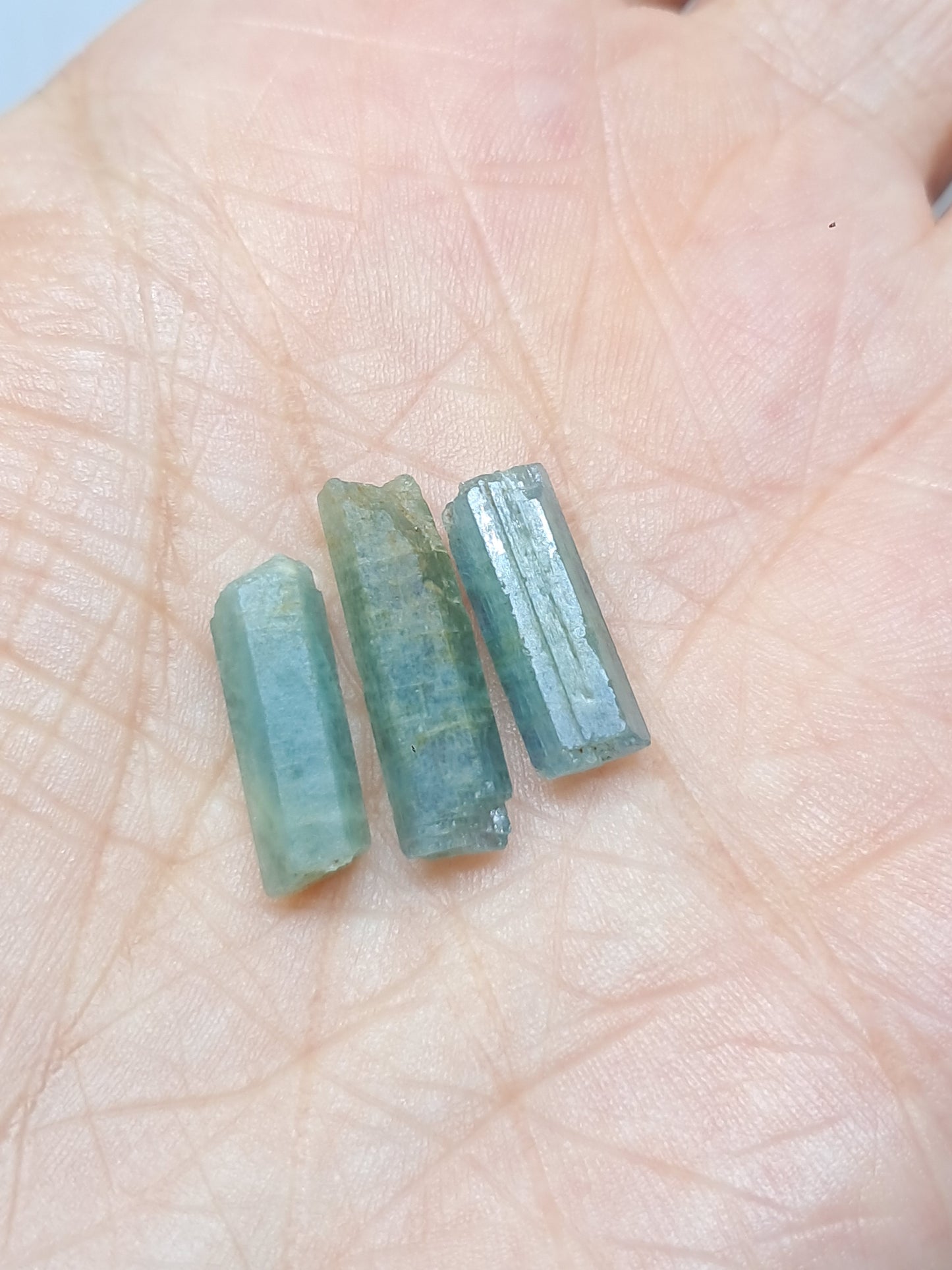 Conjunto de 3 Aguamarinas (Karur) Cristales Hexagonales en Bruto | Ejemplar Mineral n.° AQM35