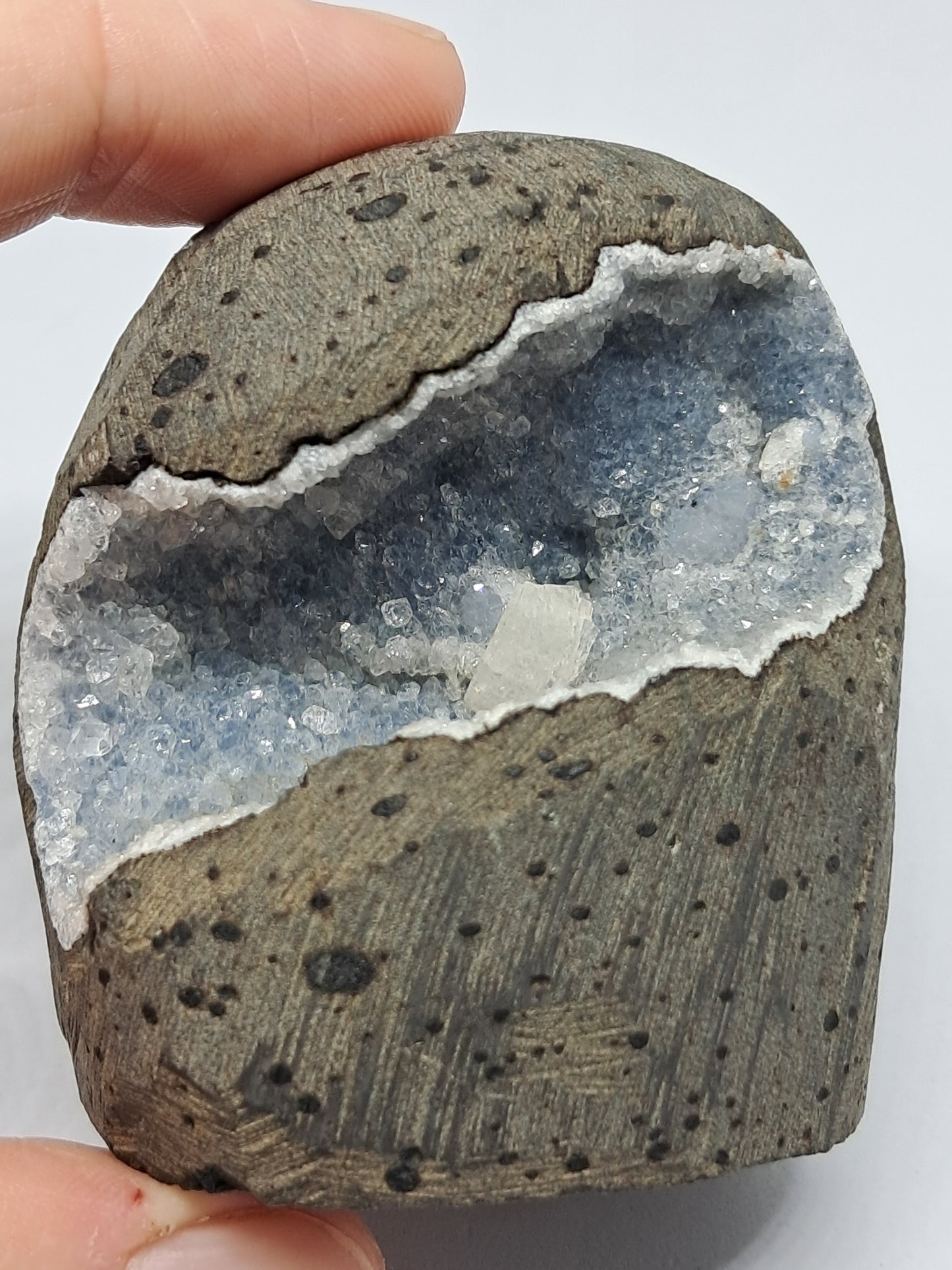 Blue Chalcedony with Chabazite in Basalt Geode (Non-precious mineral) #BC5