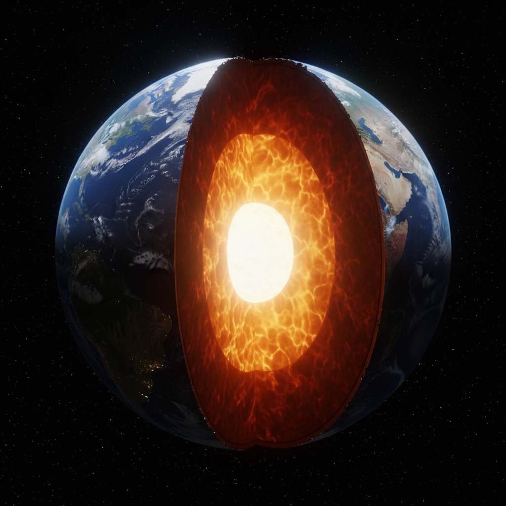 Cutaway illustration of Earth showing the internal structure with solid inner core, liquid outer core, mantle, and thin outer crust beneath the planet’s surface.