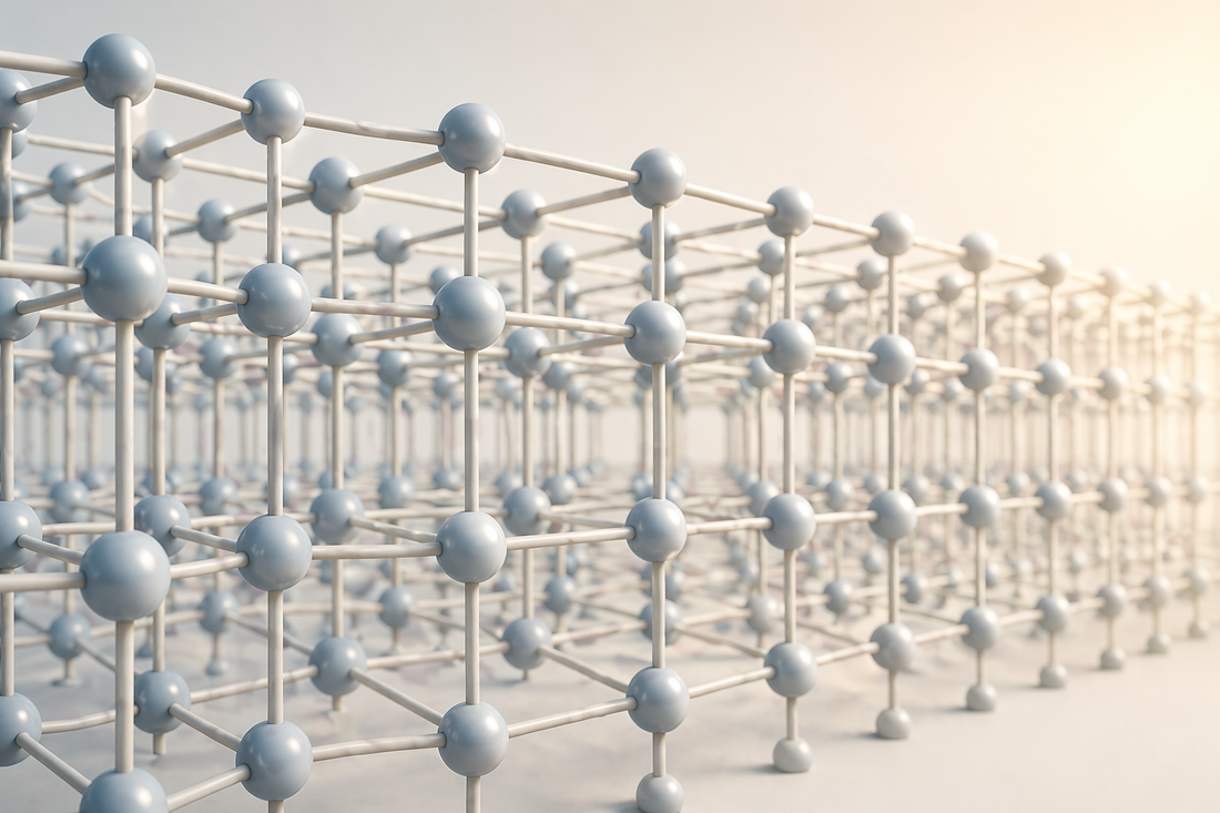 Minimalist abstract illustration of a repeating three-dimensional lattice of connected spheres extending into depth, representing ordered atomic structure and symmetry in minerals.