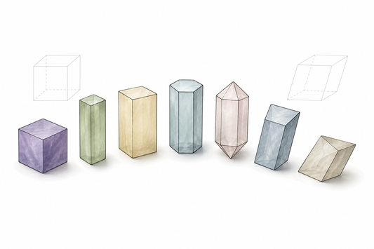 Header image showing a row of simple crystal shapes representing different crystal systems, with faint wireframe unit cells in the background, for a chapter on crystal systems and symmetry.