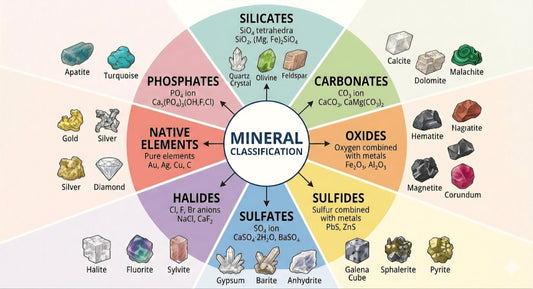 Infographic showing mineral classification wheel with eight groups—silicates, carbonates, oxides, sulfides, sulfates, halides, native elements, and phosphates—each with example minerals like quartz, calcite, hematite, pyrite, halite, gold, and apatite.