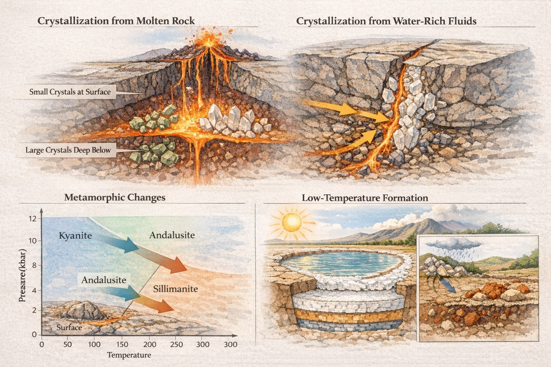 Diagram illustrating four mineral formation processes: crystallization from magma, hydrothermal vein formation, metamorphic changes under pressure and temperature, and low-temperature surface precipitation.