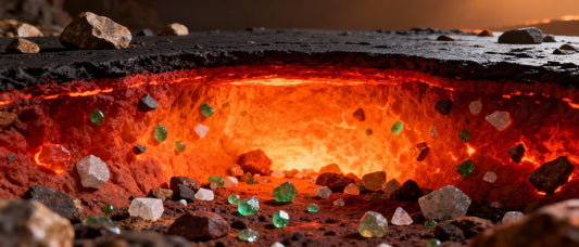 Cross-section view of early Earth’s crust showing a glowing orange magma chamber beneath a dark solid surface, with small green and white crystals scattered along the hot rock where minerals are starting to form.