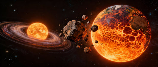 Photorealistic astronomical scene showing Earth's formation from swirling protoplanetary disk, colliding rocky planetesimals, to glowing molten proto-Earth with fiery surface against a starry space background.
