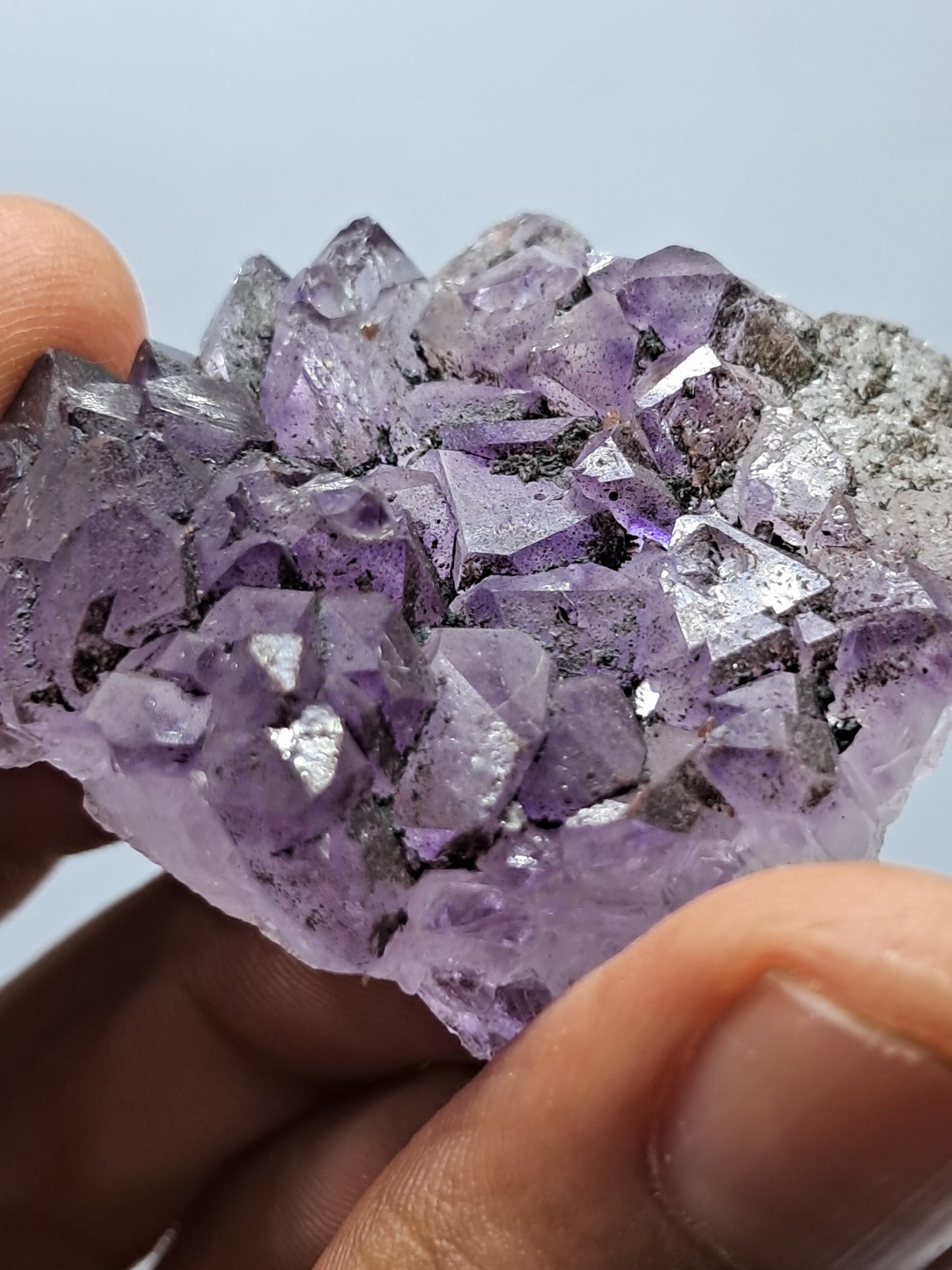 Cúmulo de amatista en cetro con cúmulo de cristales de hematita (karur) | Piedra natural | Ejemplar mineral n.° KA80
