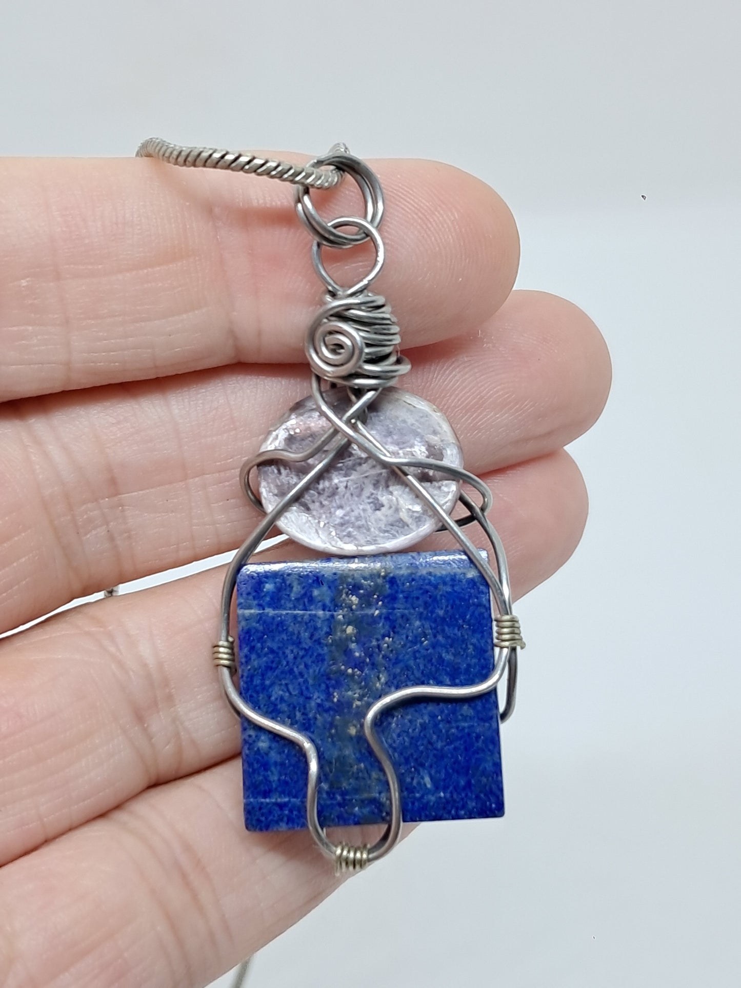 Lepidolite w/ Lapislazuli Pendant | Handcrafted Jewelry | Unique Necklace #JL44