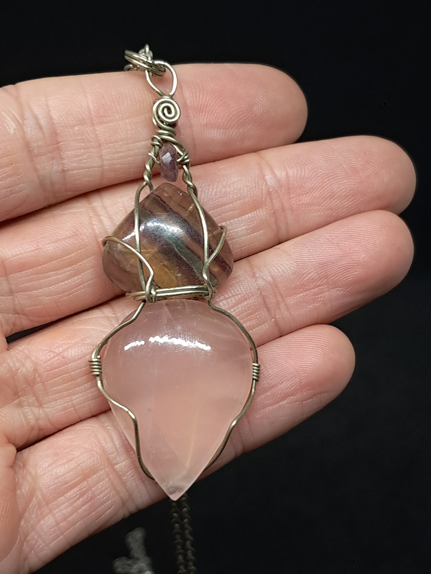 Rose Quartz w/ Rainbow Fluorite and Pink Tourmaline Bead Pendant | Handcrafted Jewelry | Unique Necklace #JL55