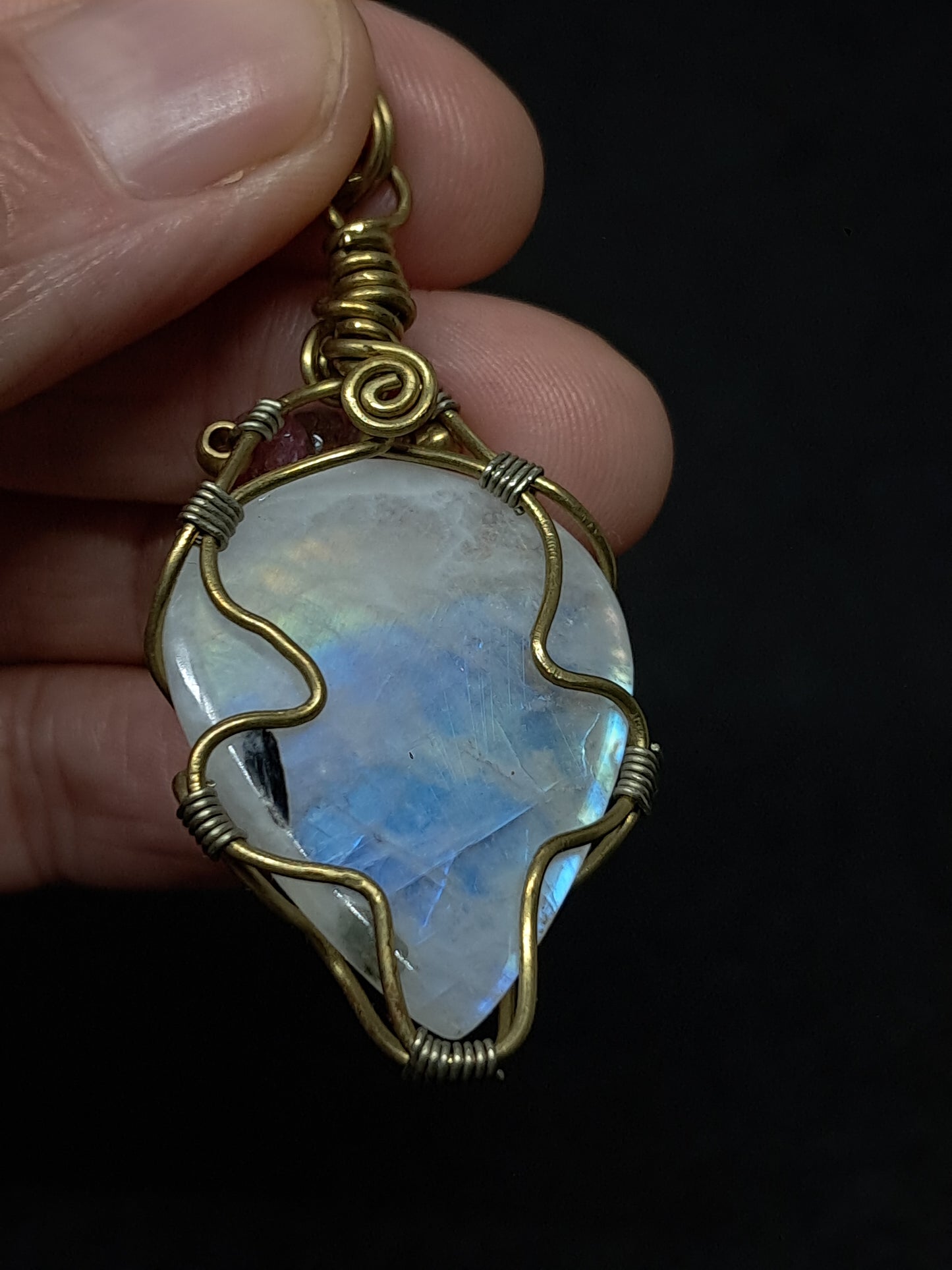 Rainbow Moonstone Pendant w/ Pink Tourmaline Beads | Handcrafted Jewelry | Unique Necklace #JL50