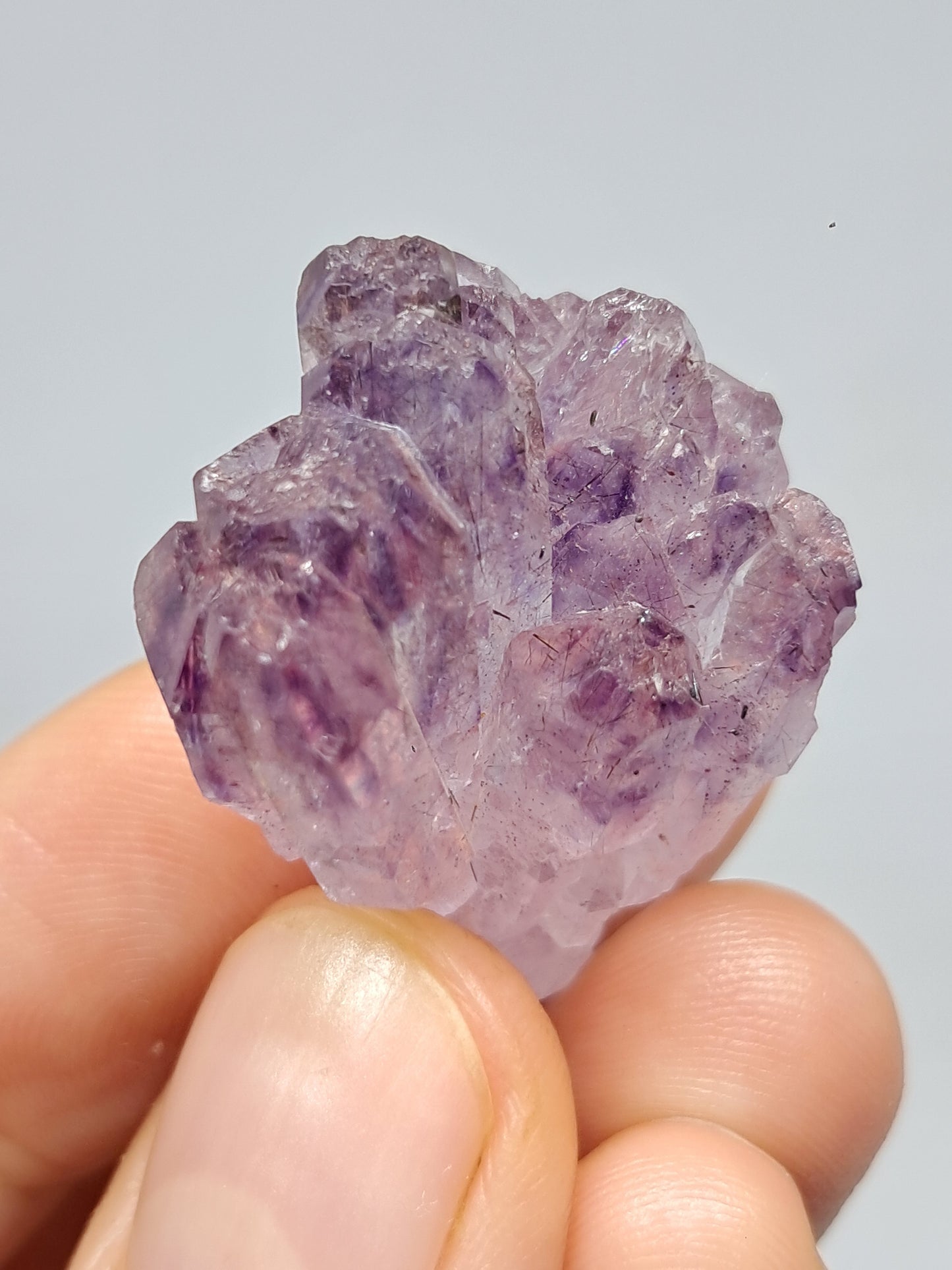 Cúmulo de cetro de amatista con rutilo y arcoíris (Karur) | Piedra natural | Ejemplar mineral n.° KA81