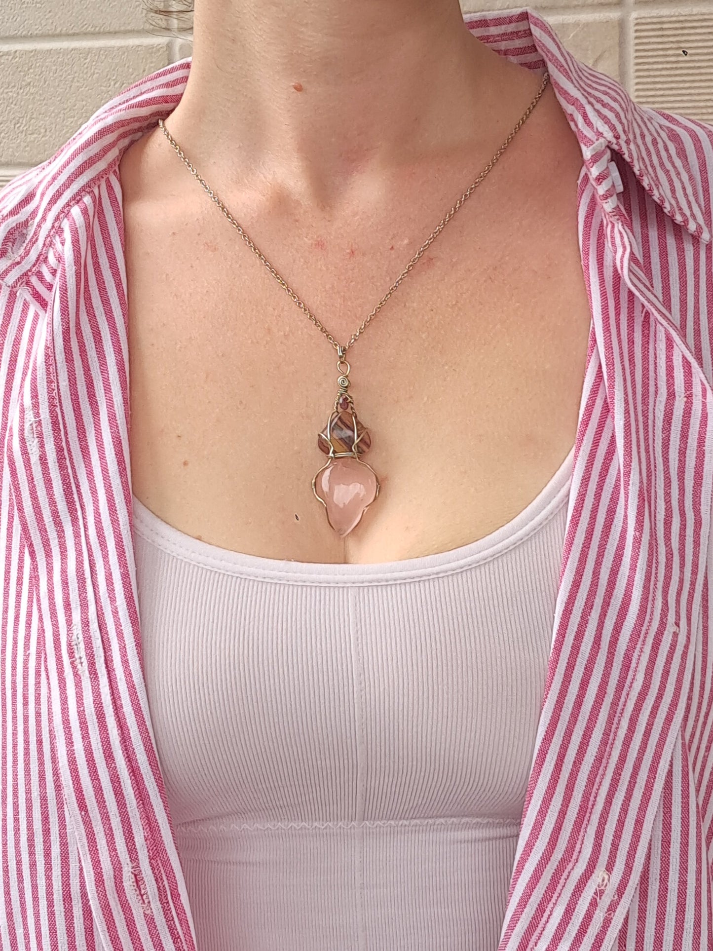 Rose Quartz w/ Rainbow Fluorite and Pink Tourmaline Bead Pendant | Handcrafted Jewelry | Unique Necklace #JL55