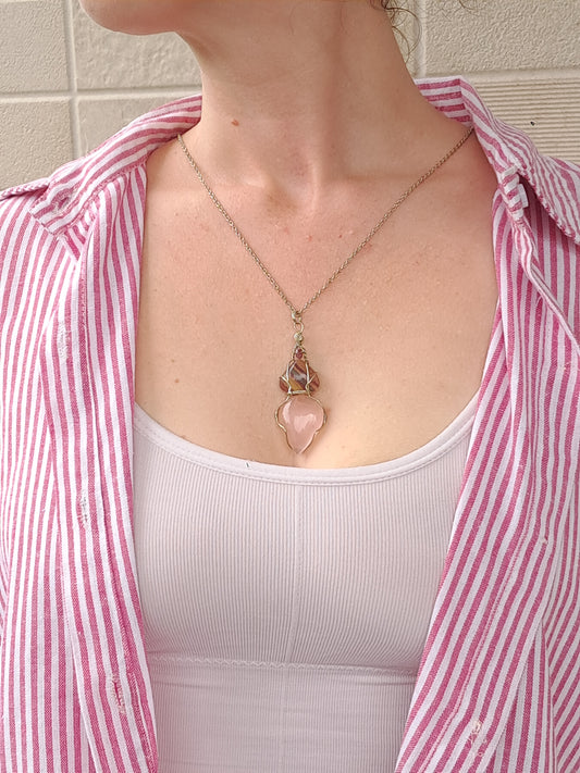 Rose Quartz w/ Rainbow Fluorite and Pink Tourmaline Bead Pendant | Handcrafted Jewelry | Unique Necklace #JL55