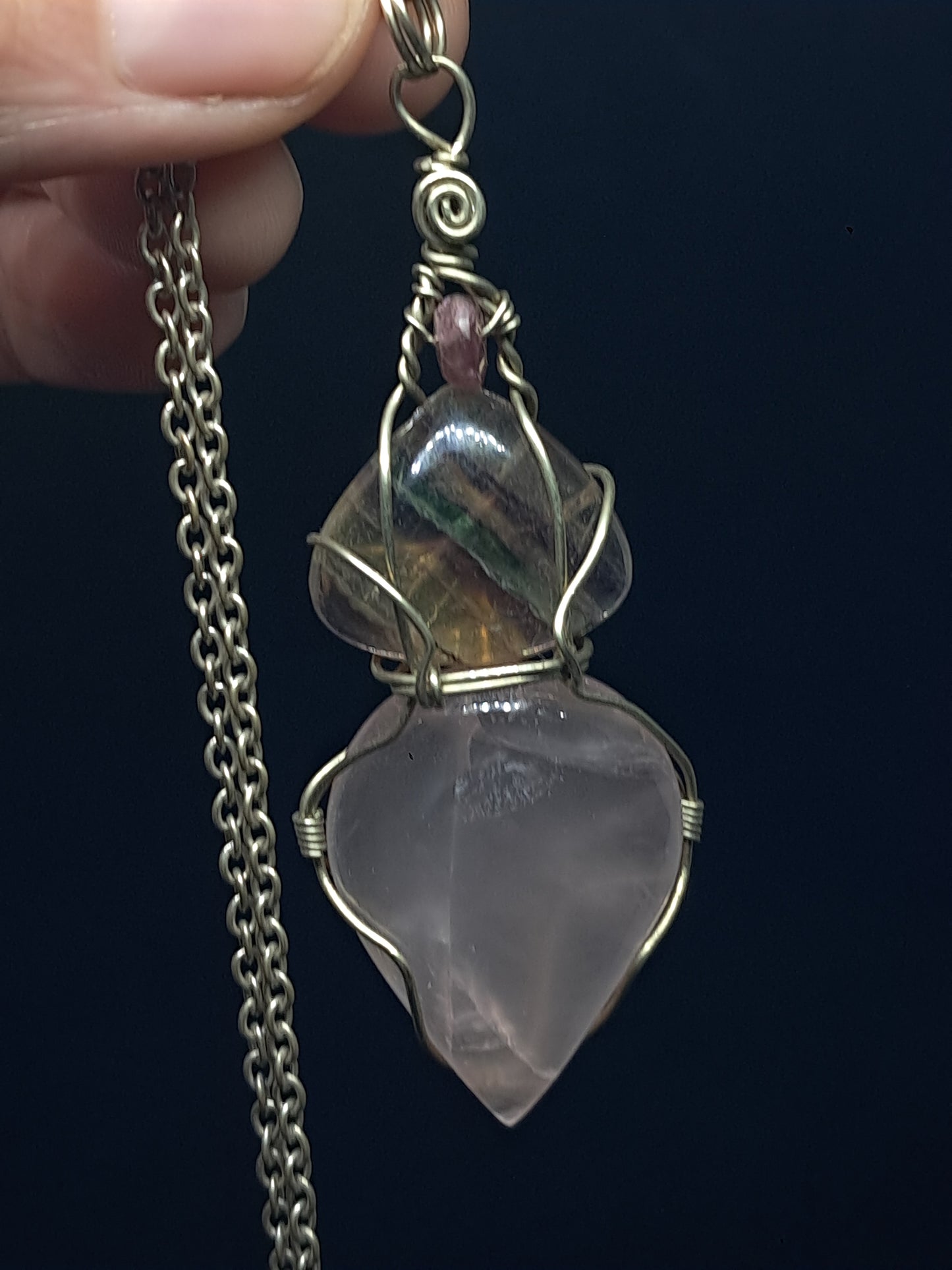 Rose Quartz w/ Rainbow Fluorite and Pink Tourmaline Bead Pendant | Handcrafted Jewelry | Unique Necklace #JL55