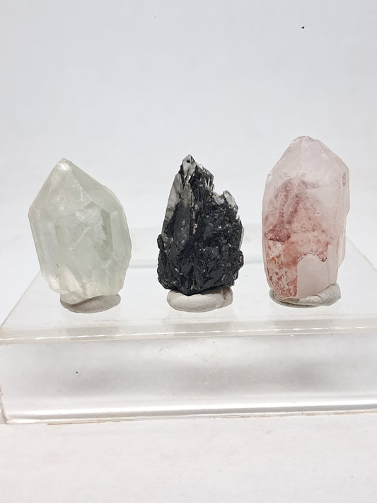 Juego de 3 puntas de cuarzo: clorita, turmalina y hematita fantasma | Cristales en bruto | Piedras en bruto #RCS17