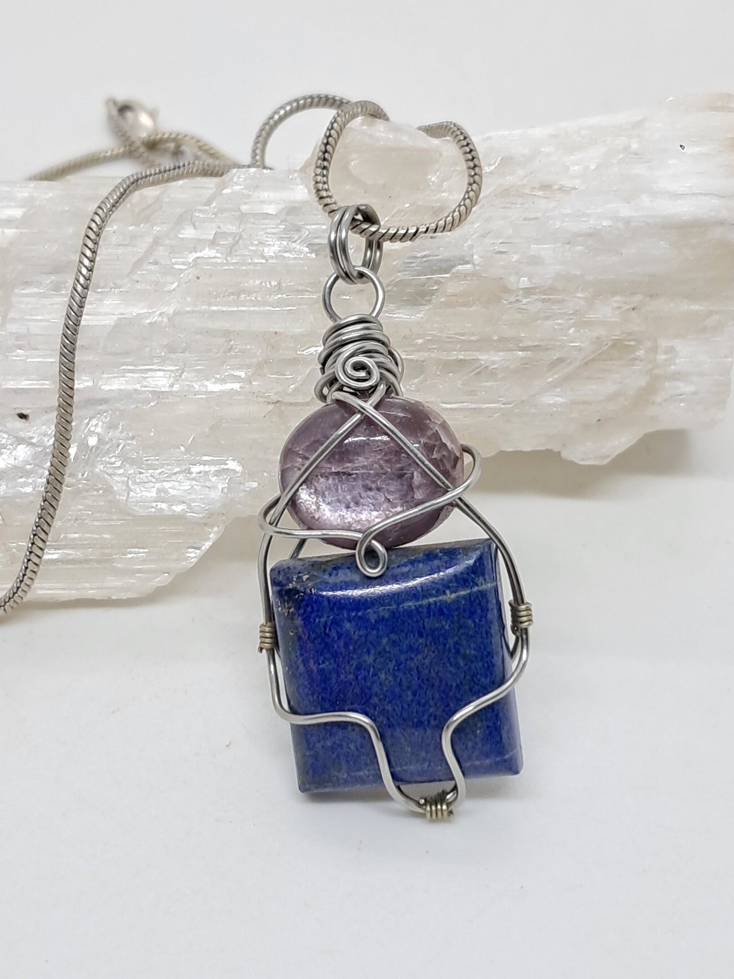 Lepidolite w/ Lapislazuli Pendant | Handcrafted Jewelry | Unique Necklace #JL44