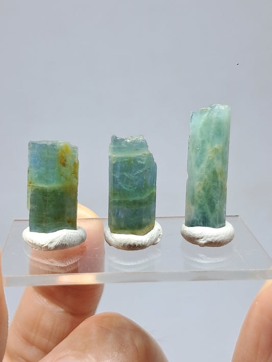 Conjunto de 3 Aguamarinas (Karur) Cristales Hexagonales en Bruto | Ejemplar Mineral n.° AQM31