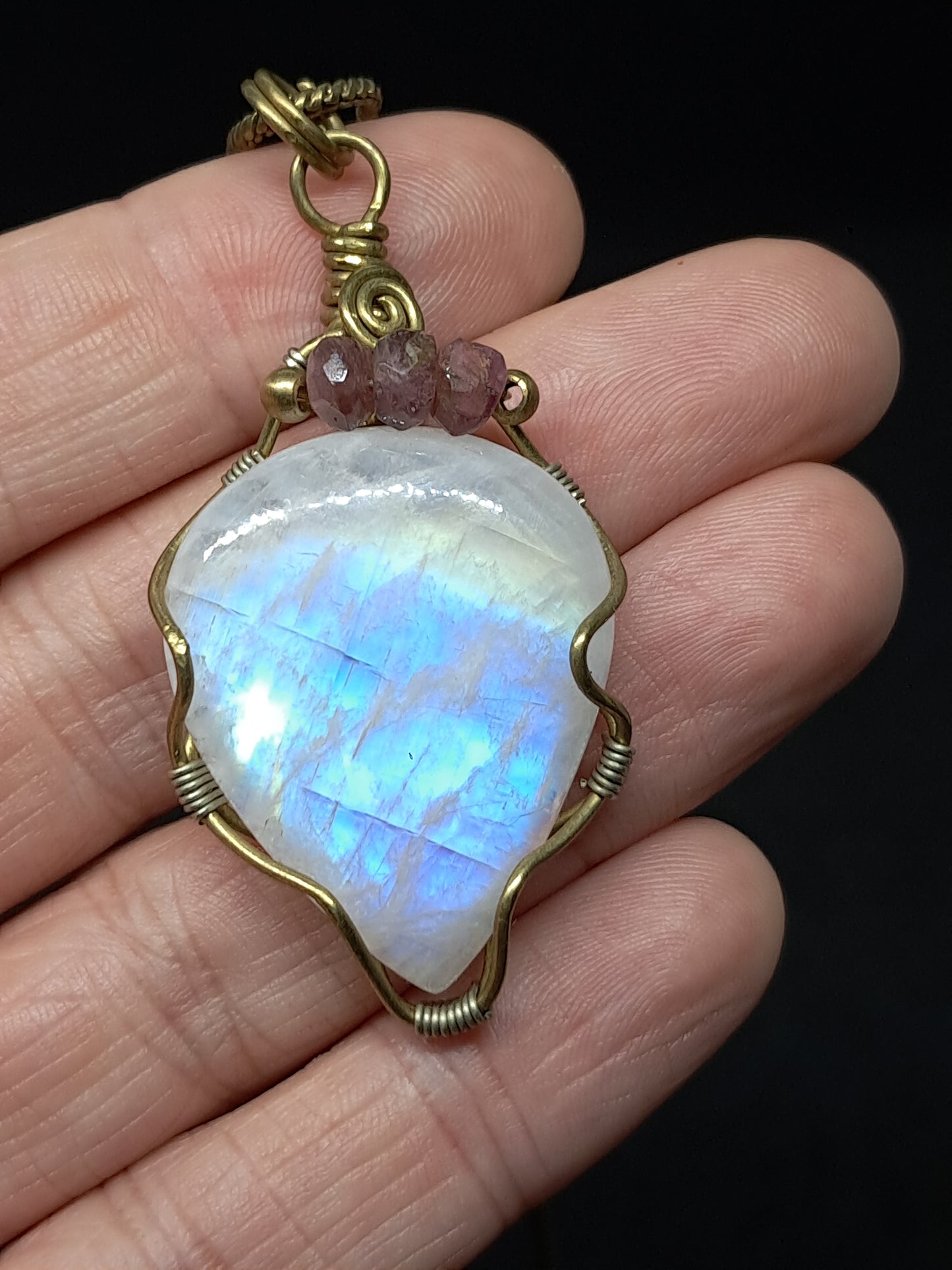 Rainbow Moonstone Pendant w/ Pink Tourmaline Beads | Handcrafted Jewelry | Unique Necklace #JL50