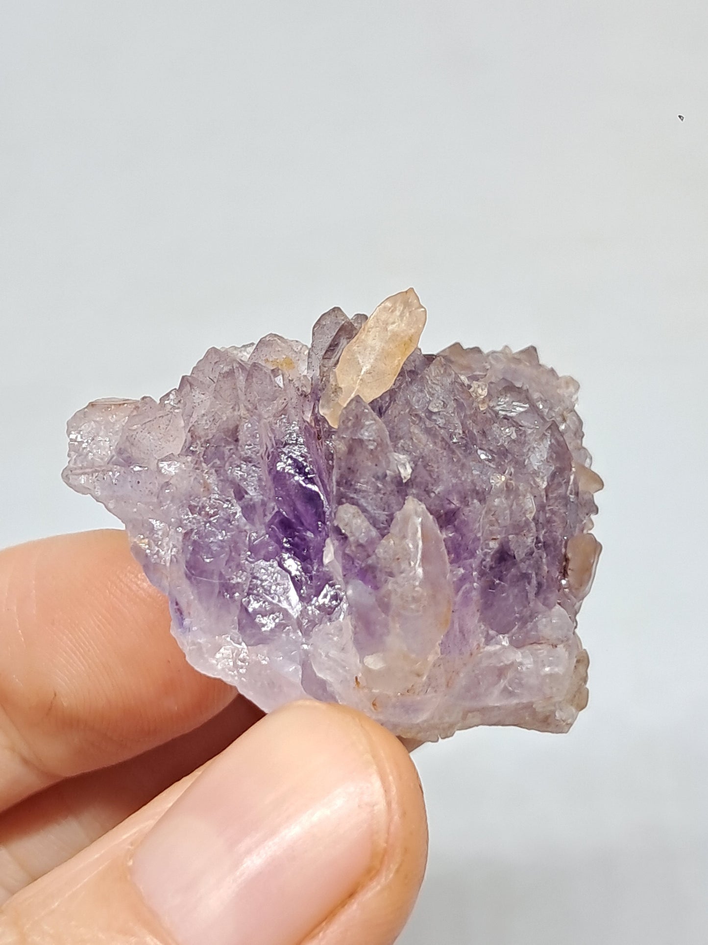 Amatista en forma de cetro con calcita reactiva a los rayos UV (Karur) | Cristal en bruto | Piedra natural | Ejemplar mineral n.° KA131