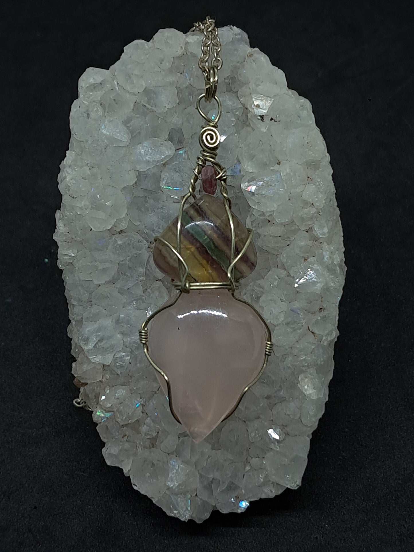 Rose Quartz w/ Rainbow Fluorite and Pink Tourmaline Bead Pendant | Handcrafted Jewelry | Unique Necklace #JL55