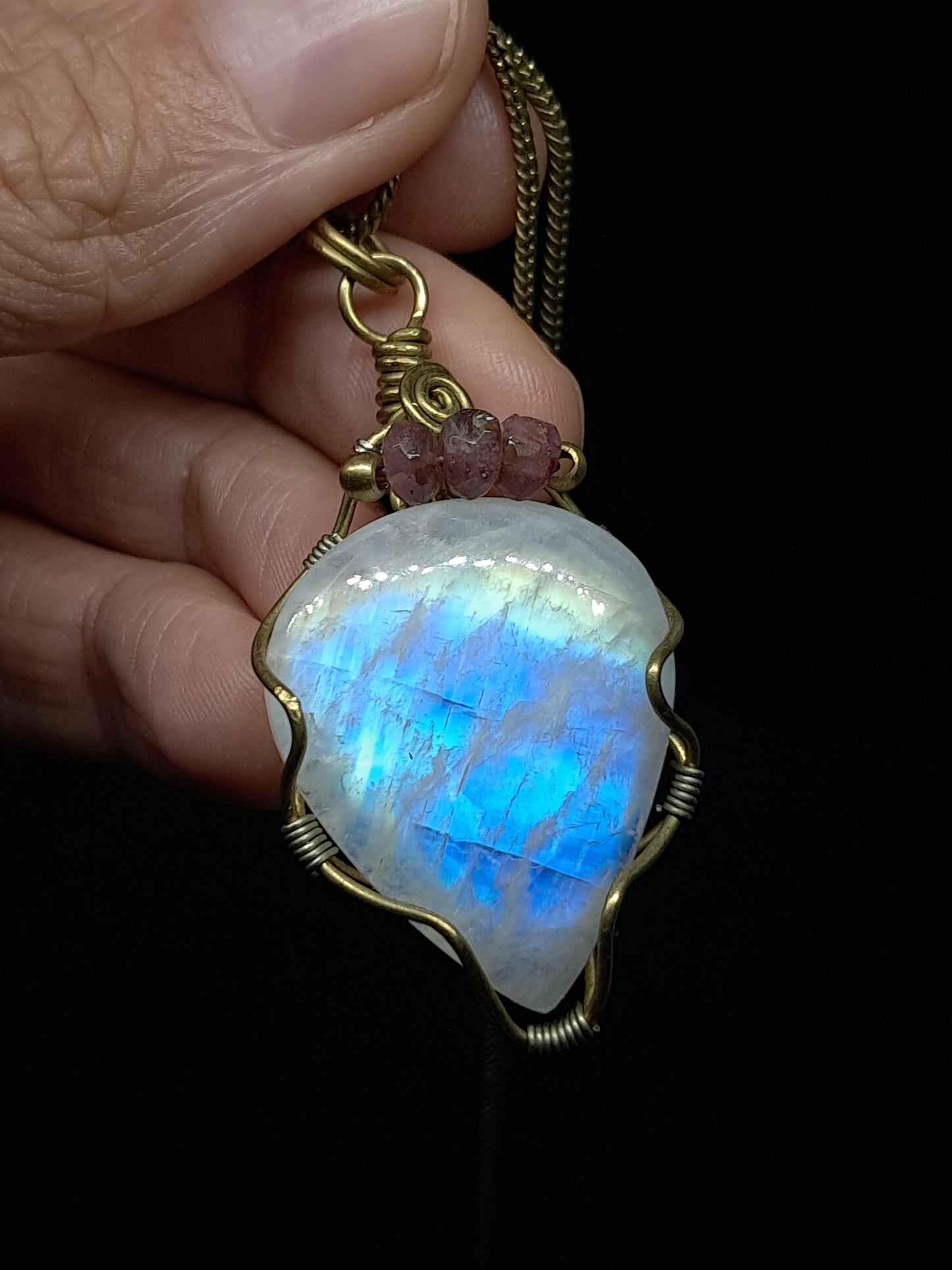 Rainbow Moonstone Pendant w/ Pink Tourmaline Beads | Handcrafted Jewelry | Unique Necklace #JL50