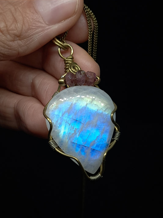 Rainbow Moonstone Pendant w/ Pink Tourmaline Beads | Handcrafted Jewelry | Unique Necklace #JL50