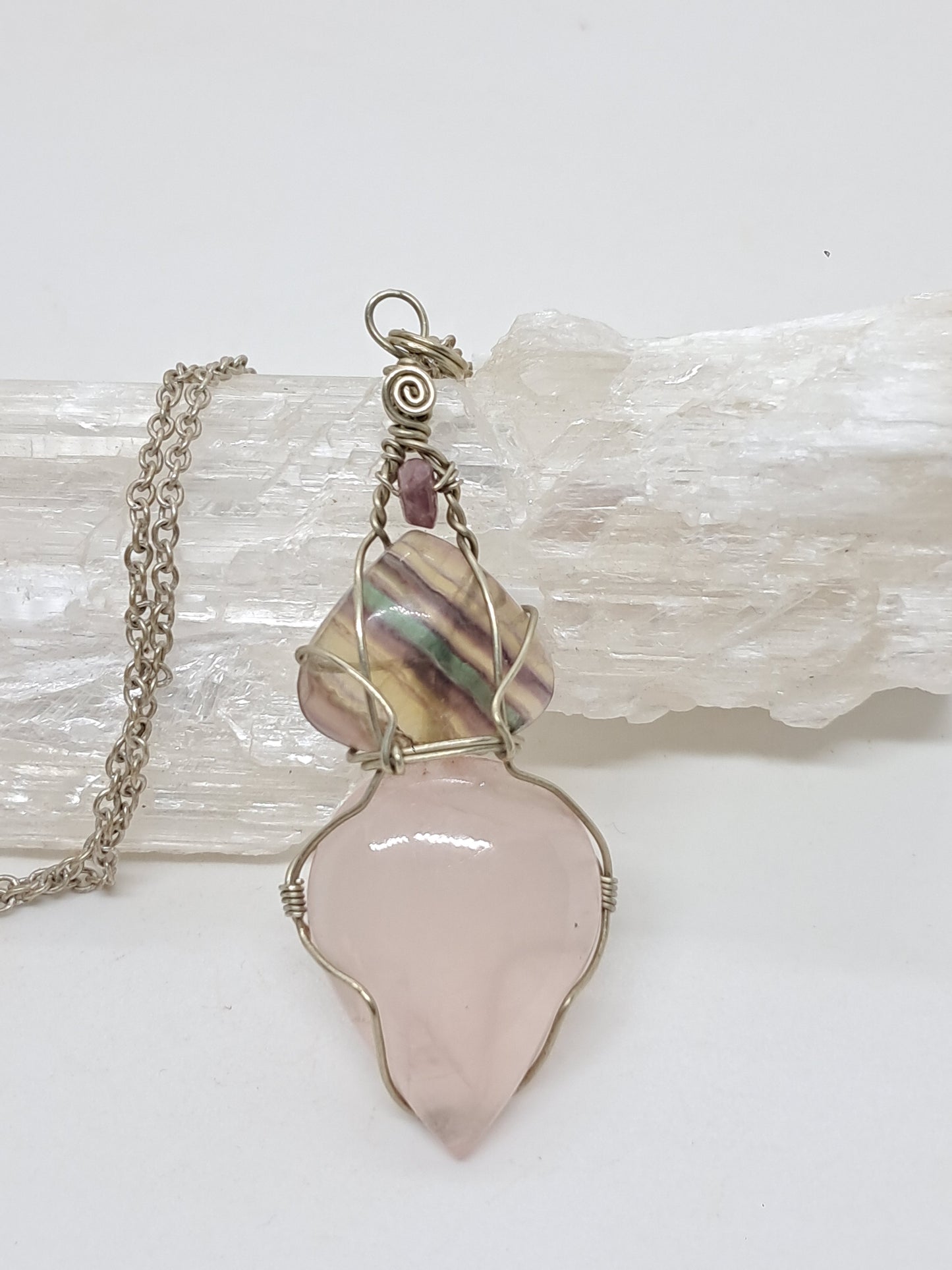Rose Quartz w/ Rainbow Fluorite and Pink Tourmaline Bead Pendant | Handcrafted Jewelry | Unique Necklace #JL55