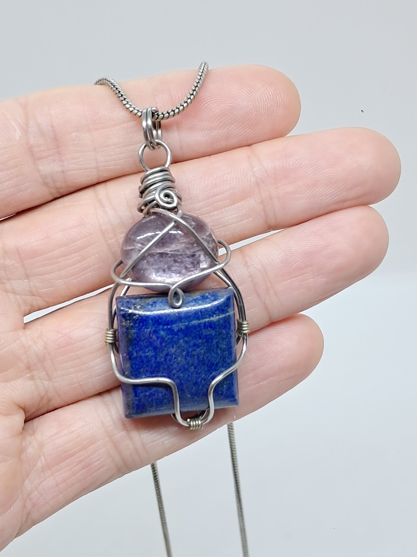 Lepidolite w/ Lapislazuli Pendant | Handcrafted Jewelry | Unique Necklace #JL44