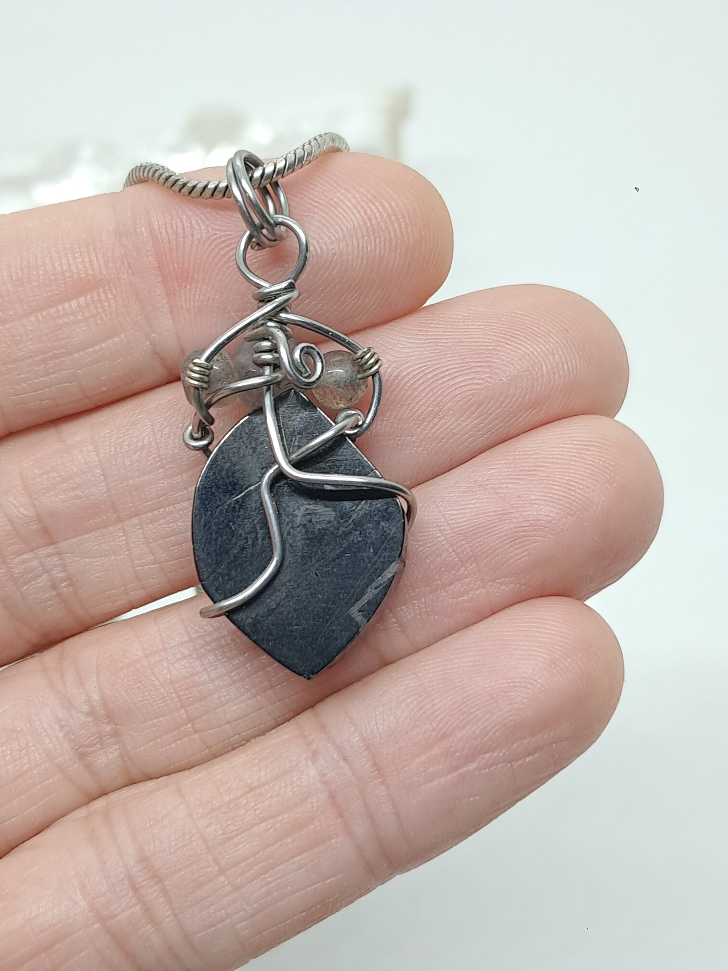 Shunguite w/ Labradorite Beads Pendant | Handcrafted Jewelry | Unique Necklace #JL58