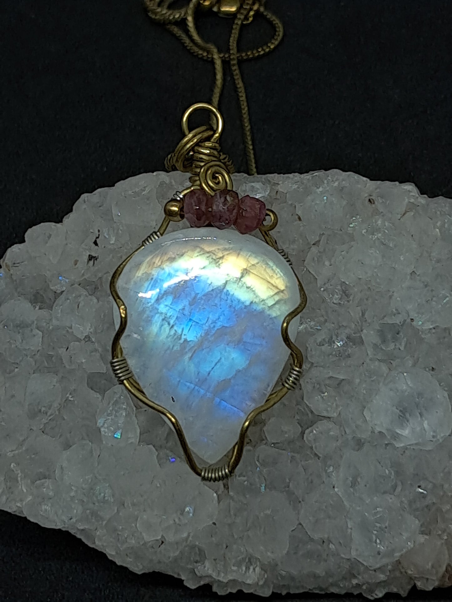 Rainbow Moonstone Pendant w/ Pink Tourmaline Beads | Handcrafted Jewelry | Unique Necklace #JL50