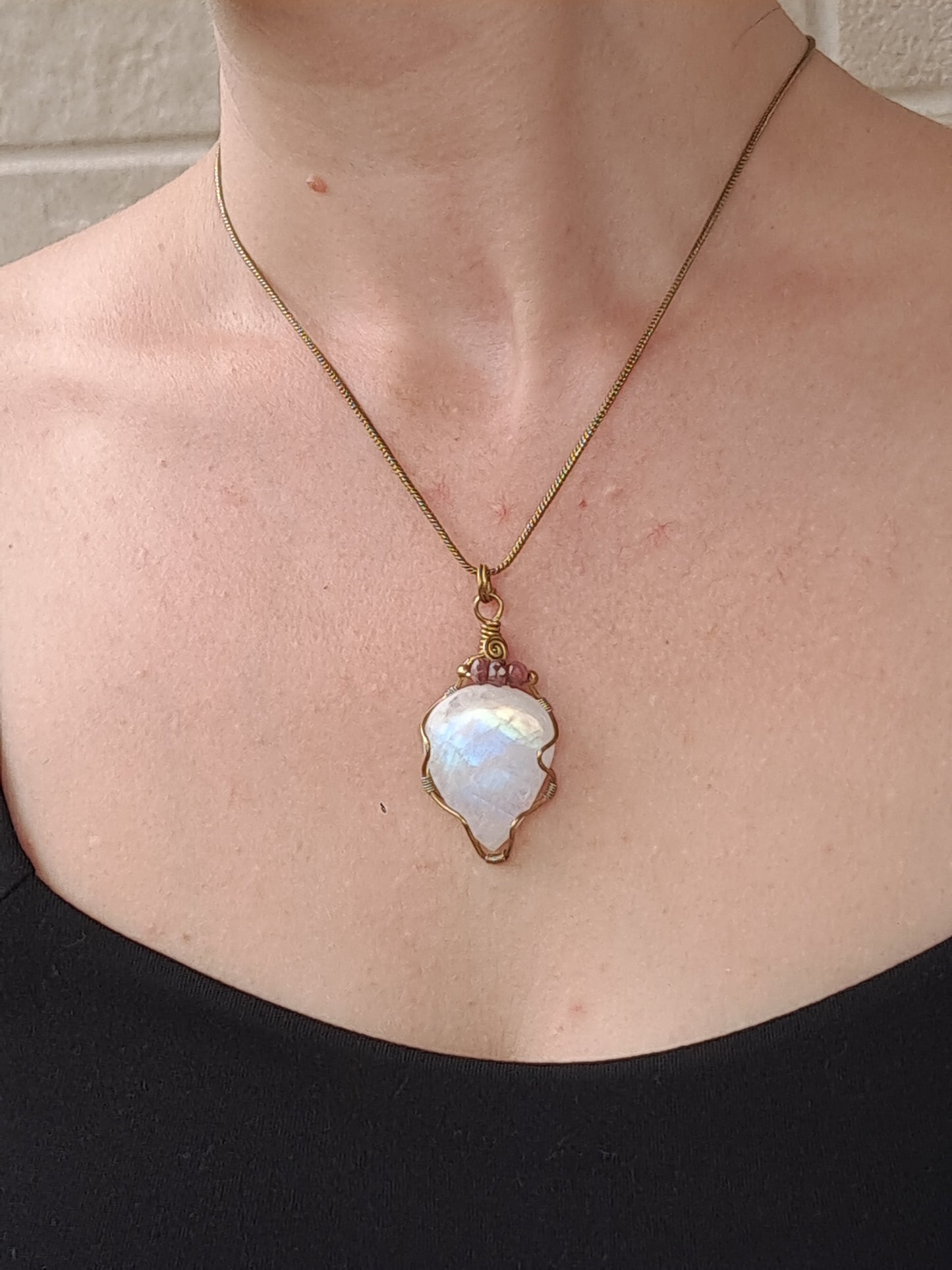 Rainbow Moonstone Pendant w/ Pink Tourmaline Beads | Handcrafted Jewelry | Unique Necklace #JL50