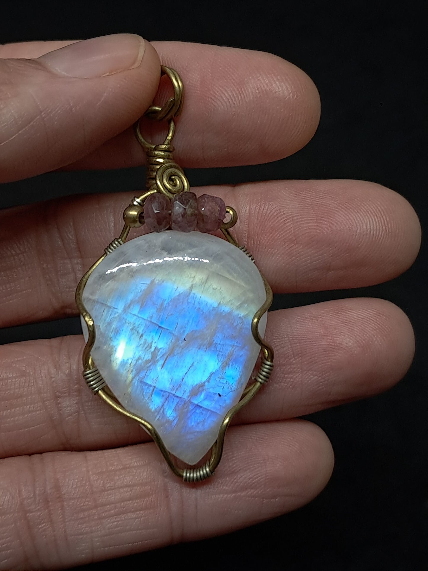 Rainbow Moonstone Pendant w/ Pink Tourmaline Beads | Handcrafted Jewelry | Unique Necklace #JL50