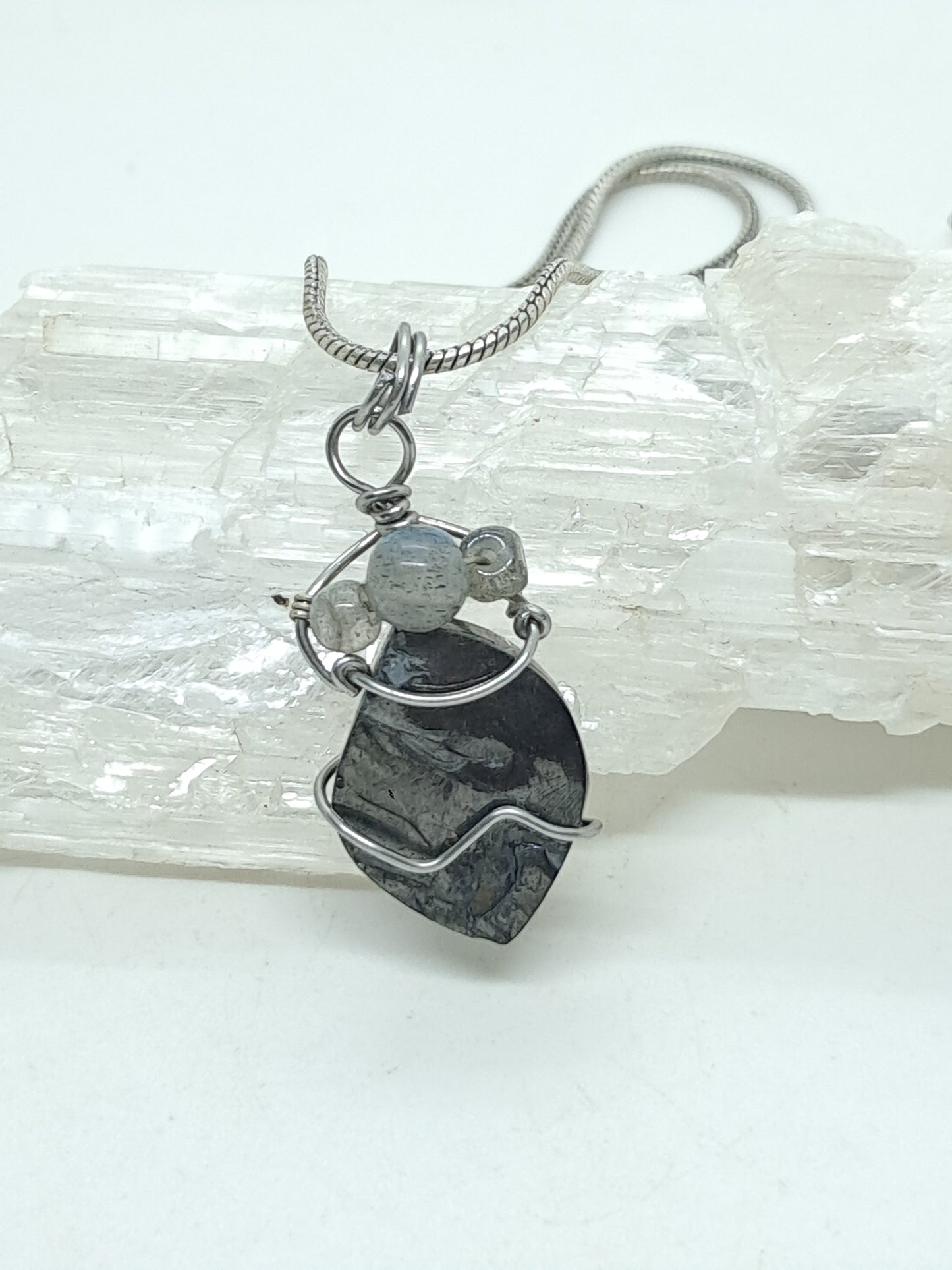 Shunguite w/ Labradorite Beads Pendant | Handcrafted Jewelry | Unique Necklace #JL58