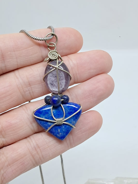 Lepidolite w/ Lapislazuli Pendant | Handcrafted Jewelry | Unique Necklace #JL57