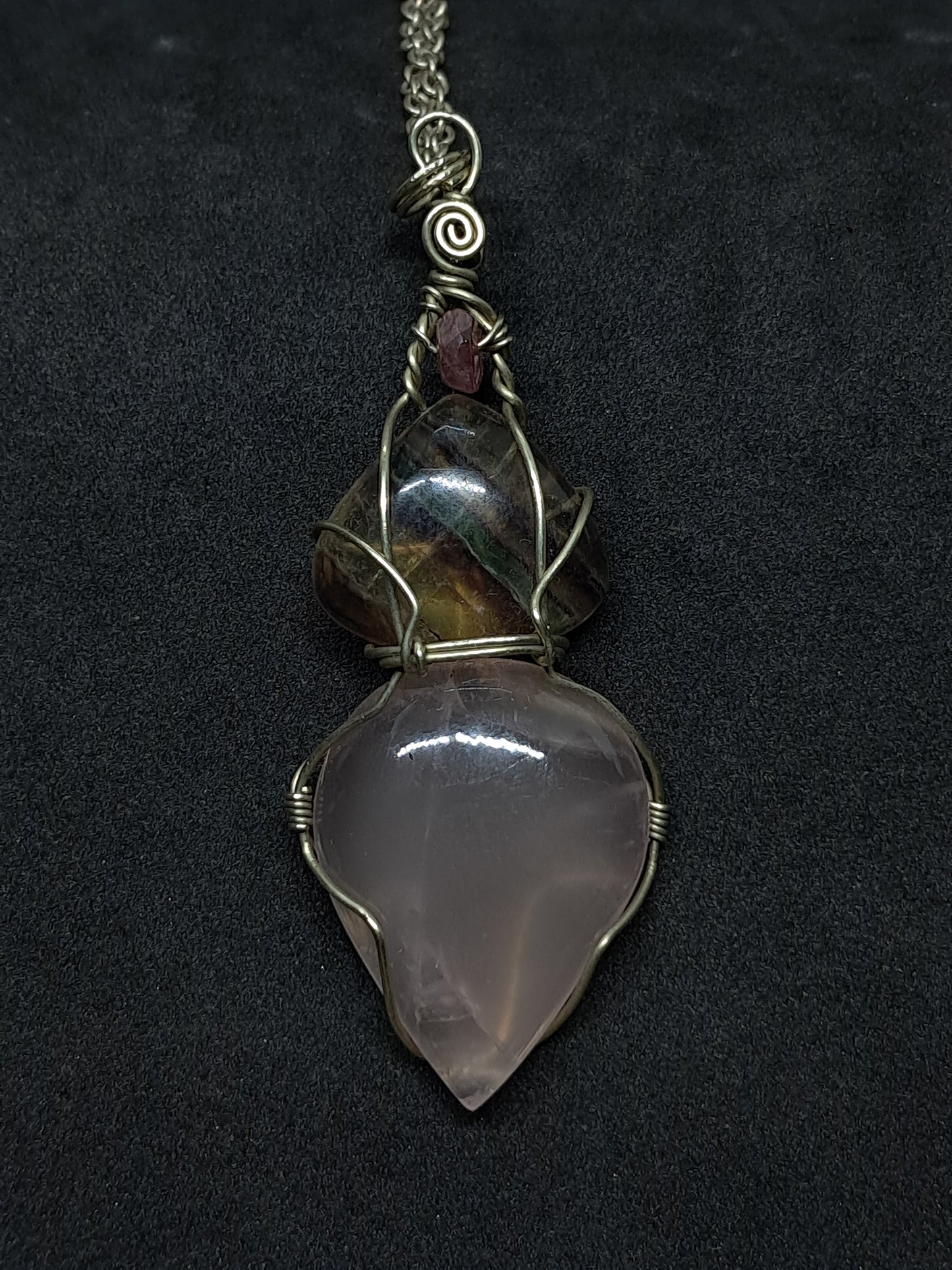 Rose Quartz w/ Rainbow Fluorite and Pink Tourmaline Bead Pendant | Handcrafted Jewelry | Unique Necklace #JL55