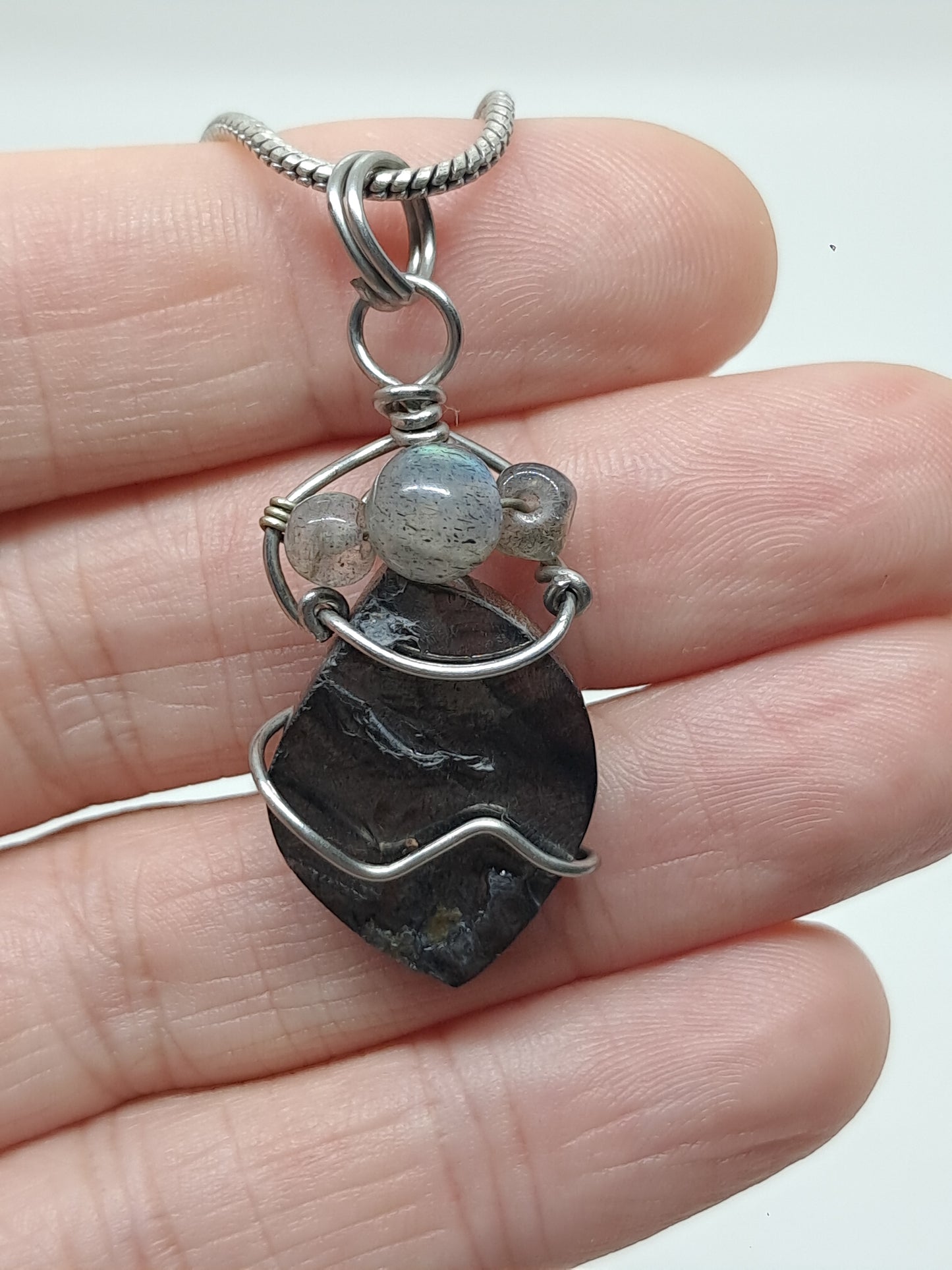 Shunguite w/ Labradorite Beads Pendant | Handcrafted Jewelry | Unique Necklace #JL58