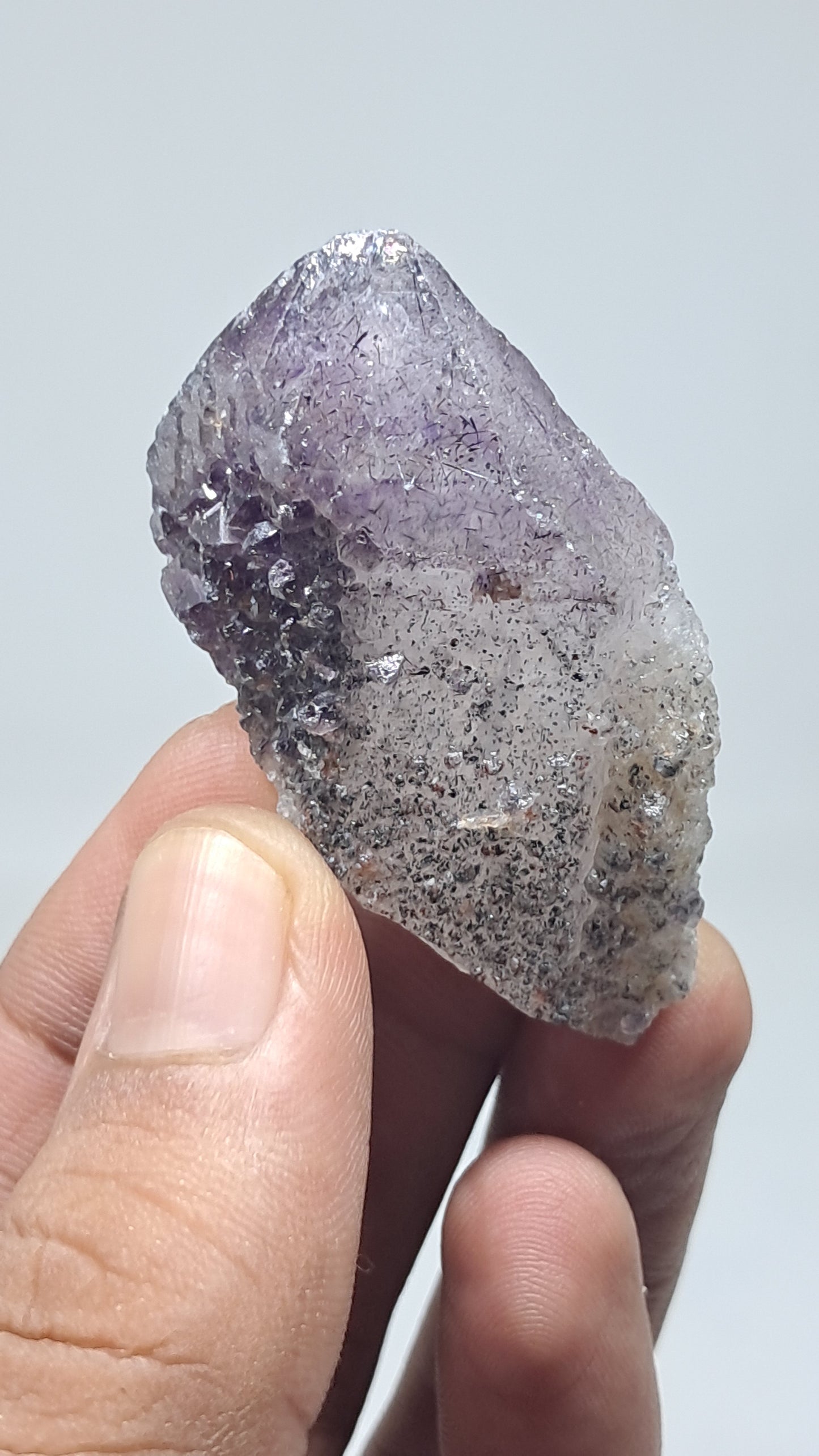 Amatista Elestial sobre Pseudomorfo de Cuarzo | Inclusiones de Hematita Goethita Rutilo | Cristal Natural | Muestra Mineral #KA192