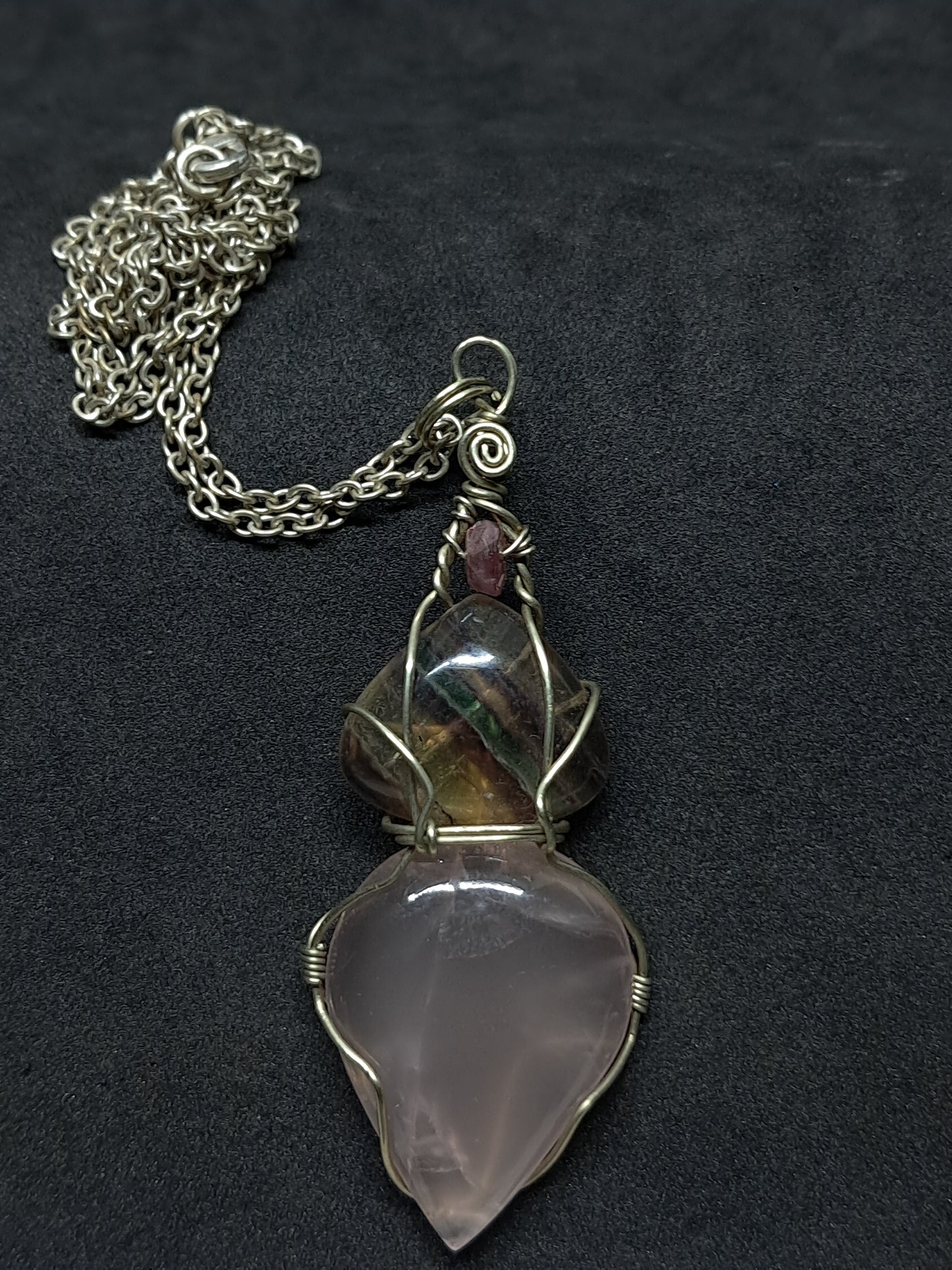 Rose Quartz w/ Rainbow Fluorite and Pink Tourmaline Bead Pendant | Handcrafted Jewelry | Unique Necklace #JL55